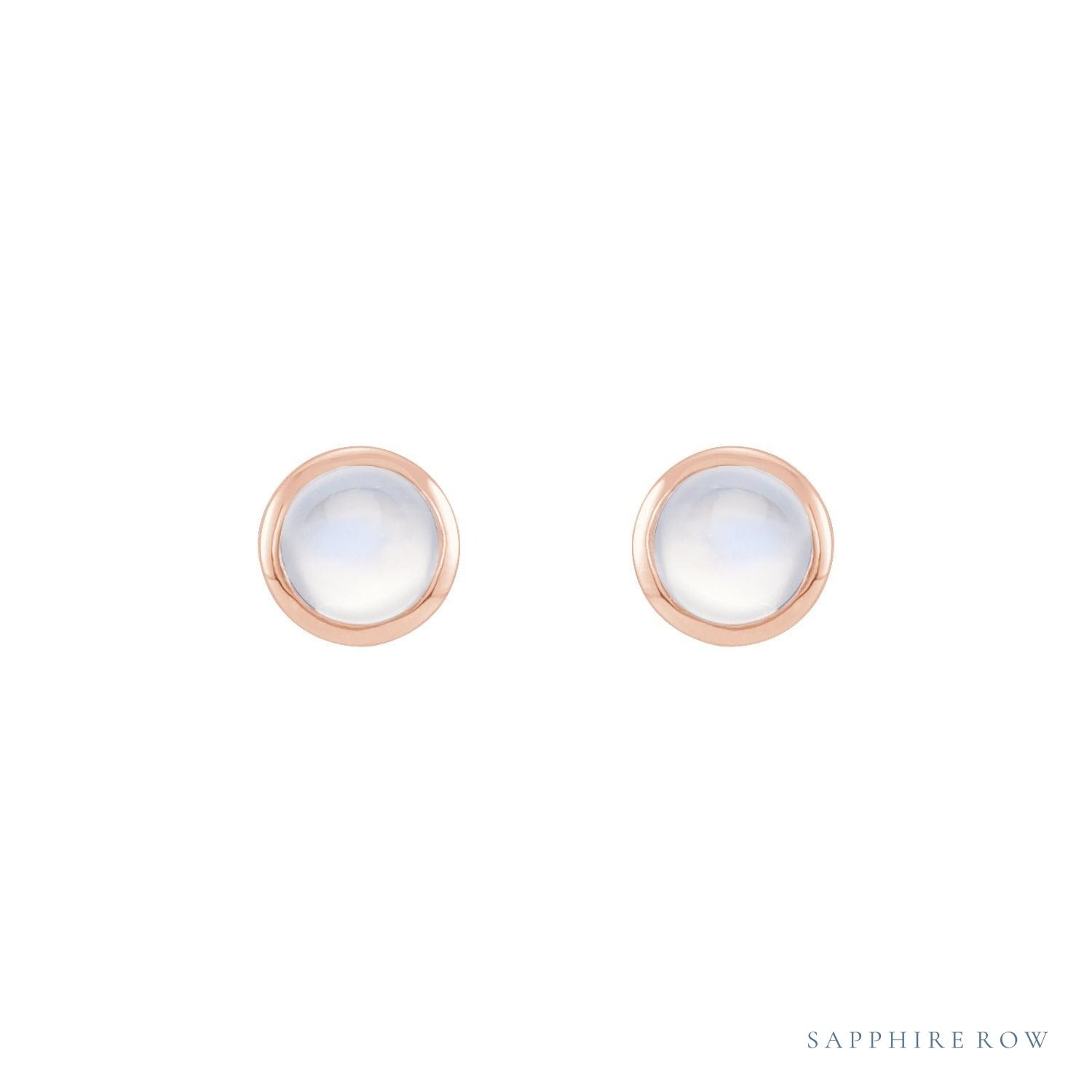 Sapphire Row Natural Cabochon Gemstone Bezel Stud Earrings - Rainbow Moonstone, 14K Rose Gold (view 2)