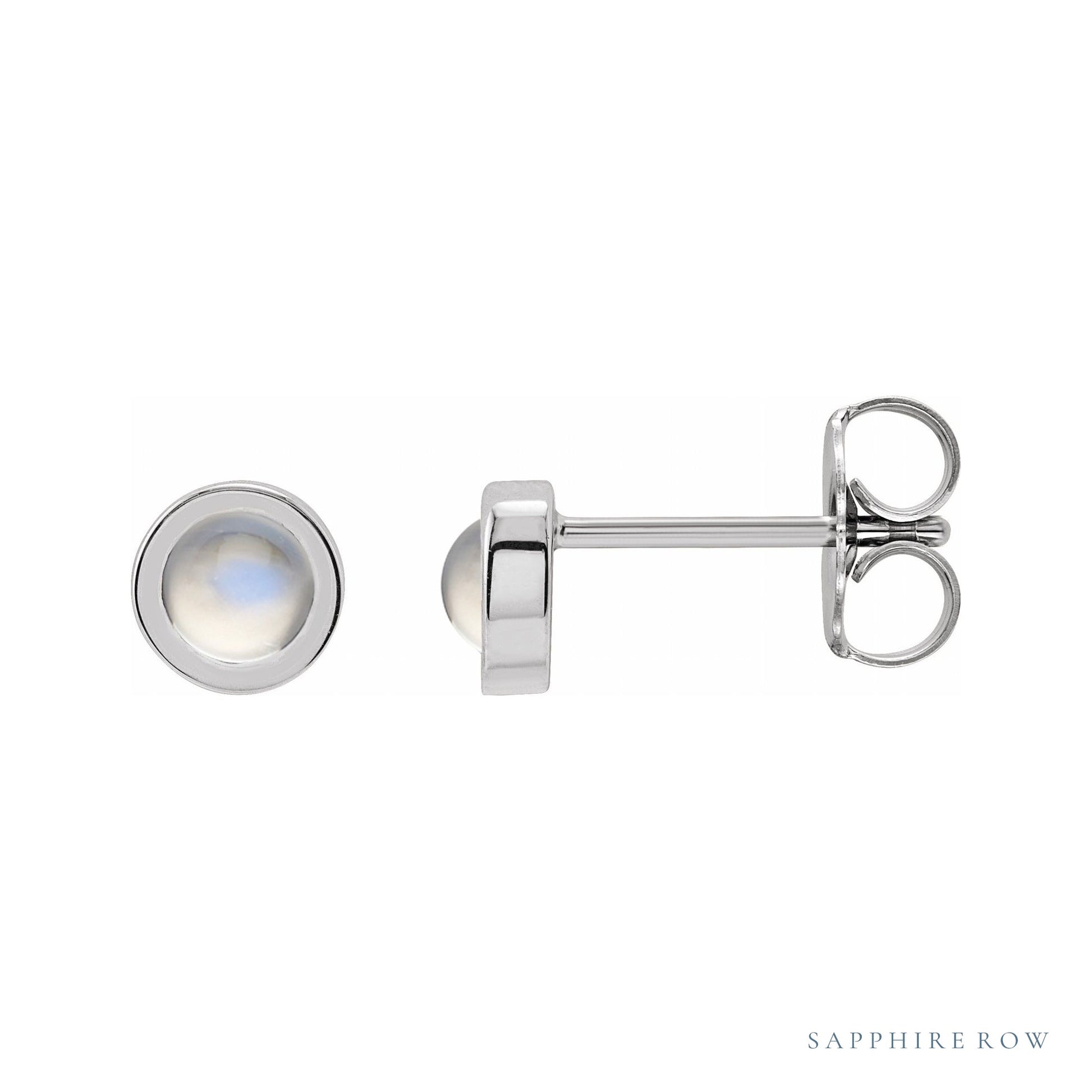 Sapphire Row Natural Cabochon Gemstone Bezel Stud Earrings - Rainbow Moonstone, Platinum, 4 mm