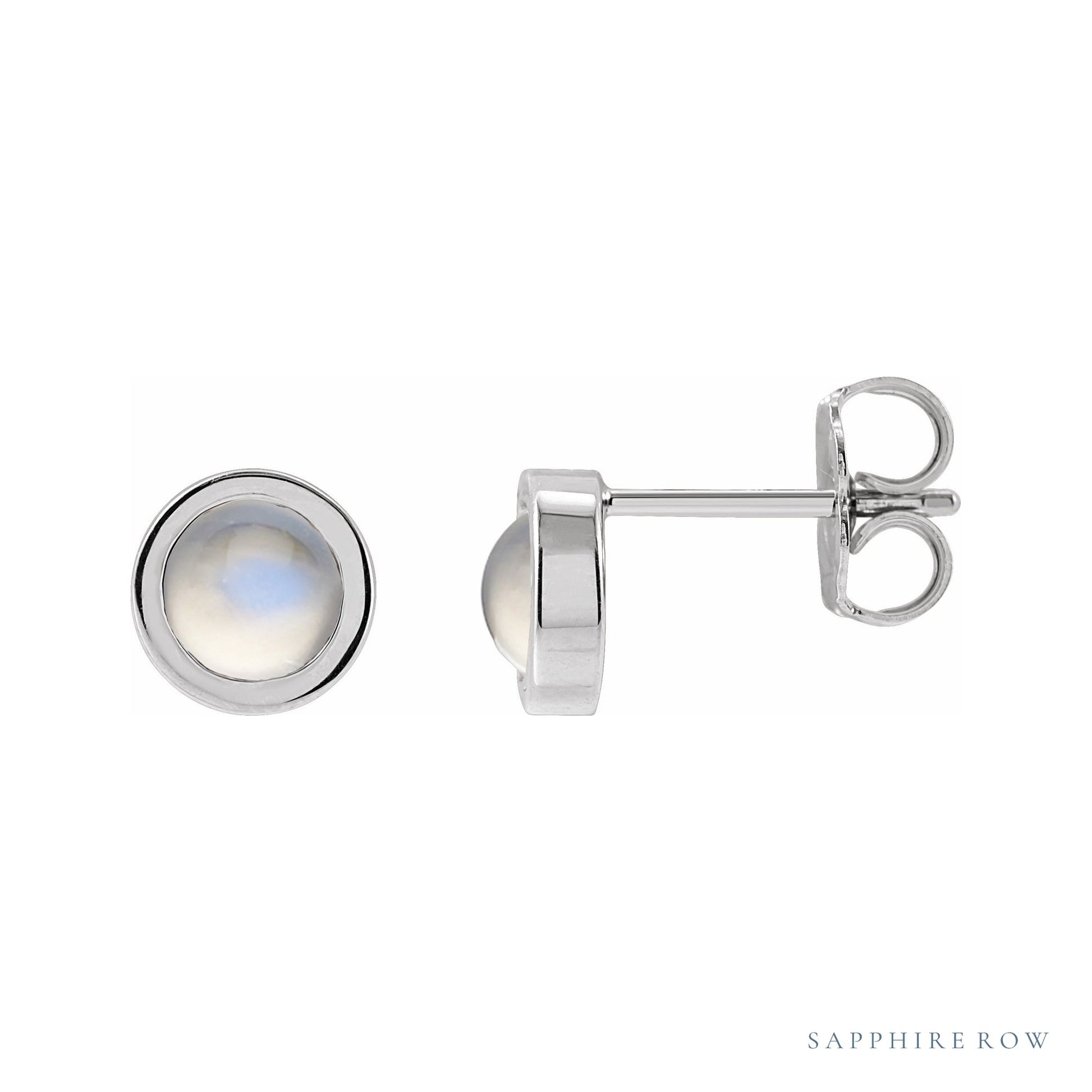 Sapphire Row Natural Cabochon Gemstone Bezel Stud Earrings - Rainbow Moonstone, Platinum, 5 mm
