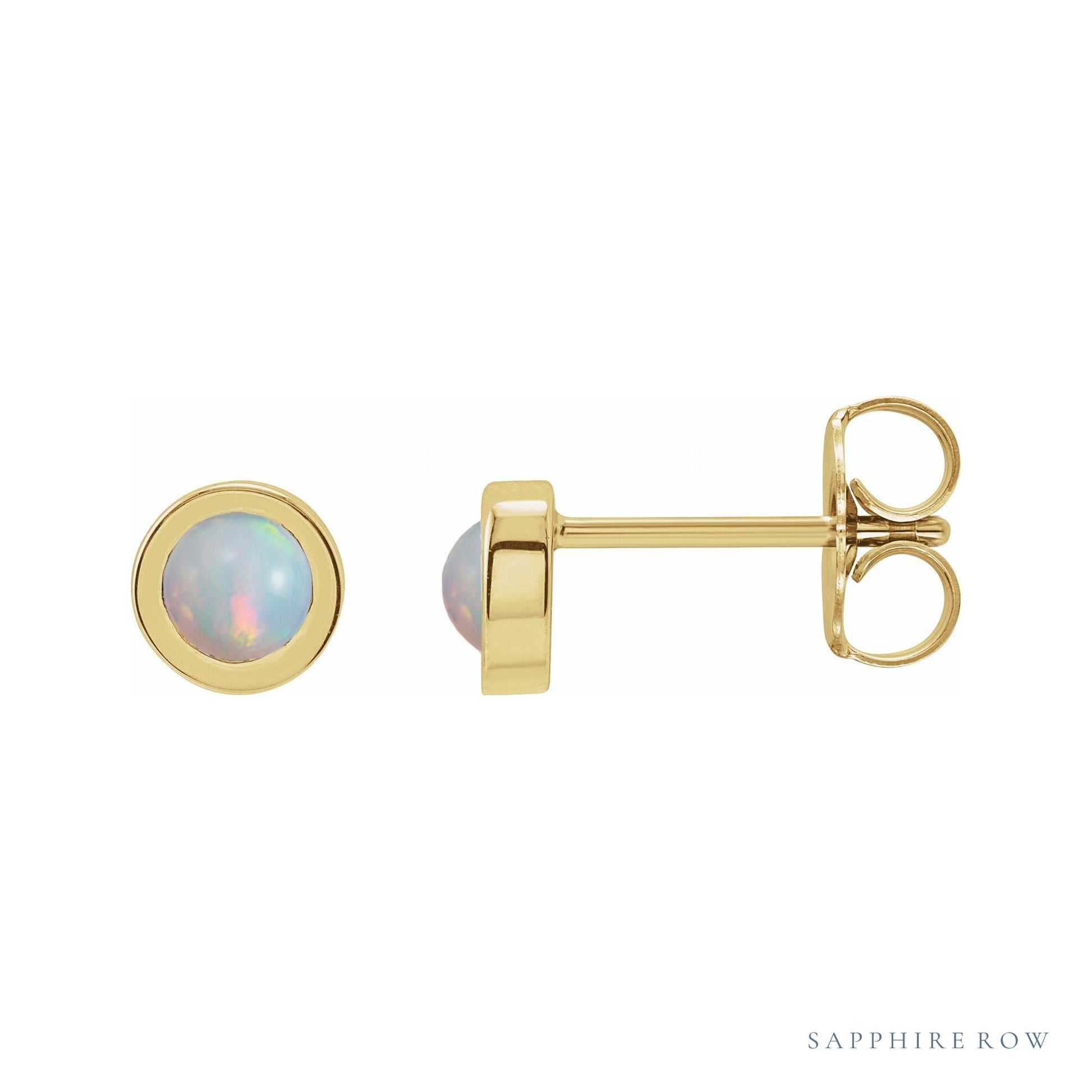 Sapphire Row Natural Cabochon Gemstone Bezel Stud Earrings - White Opal, 14K Yellow Gold, 4 mm