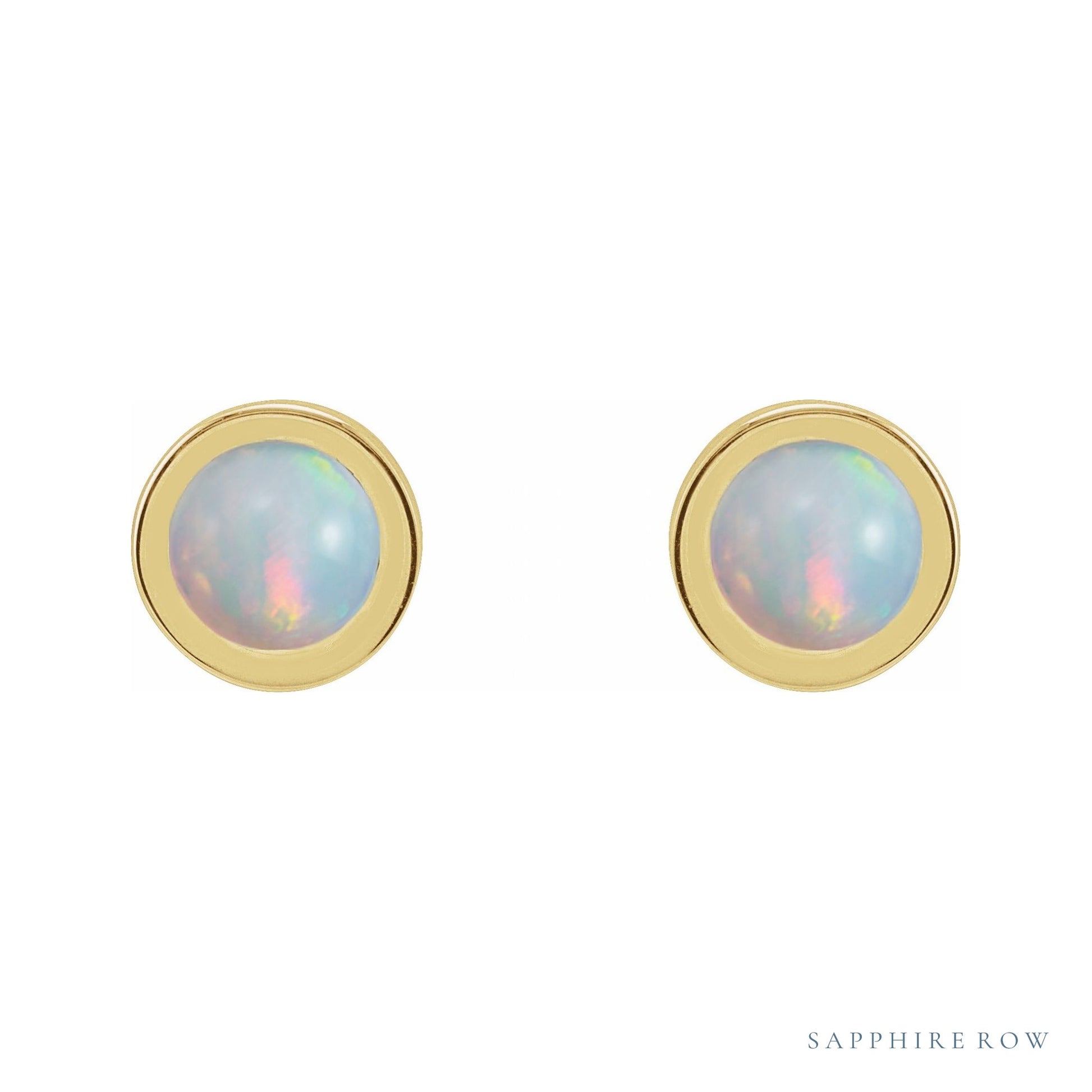 Sapphire Row Natural Cabochon Gemstone Bezel Stud Earrings - White Opal, 14K Yellow Gold, 4 mm (view 2)