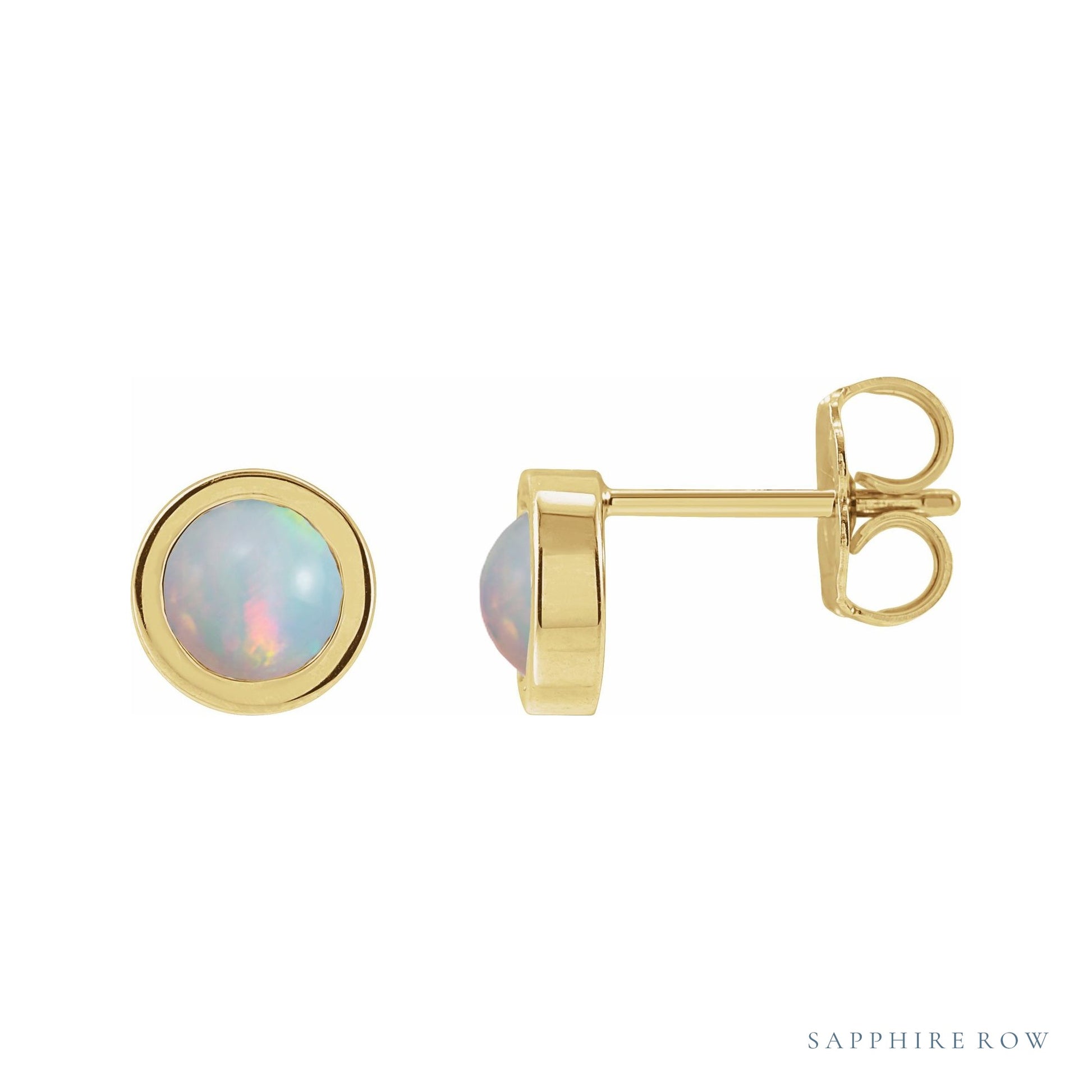 Sapphire Row Natural Cabochon Gemstone Bezel Stud Earrings - White Opal, 14K Yellow Gold, 5 mm