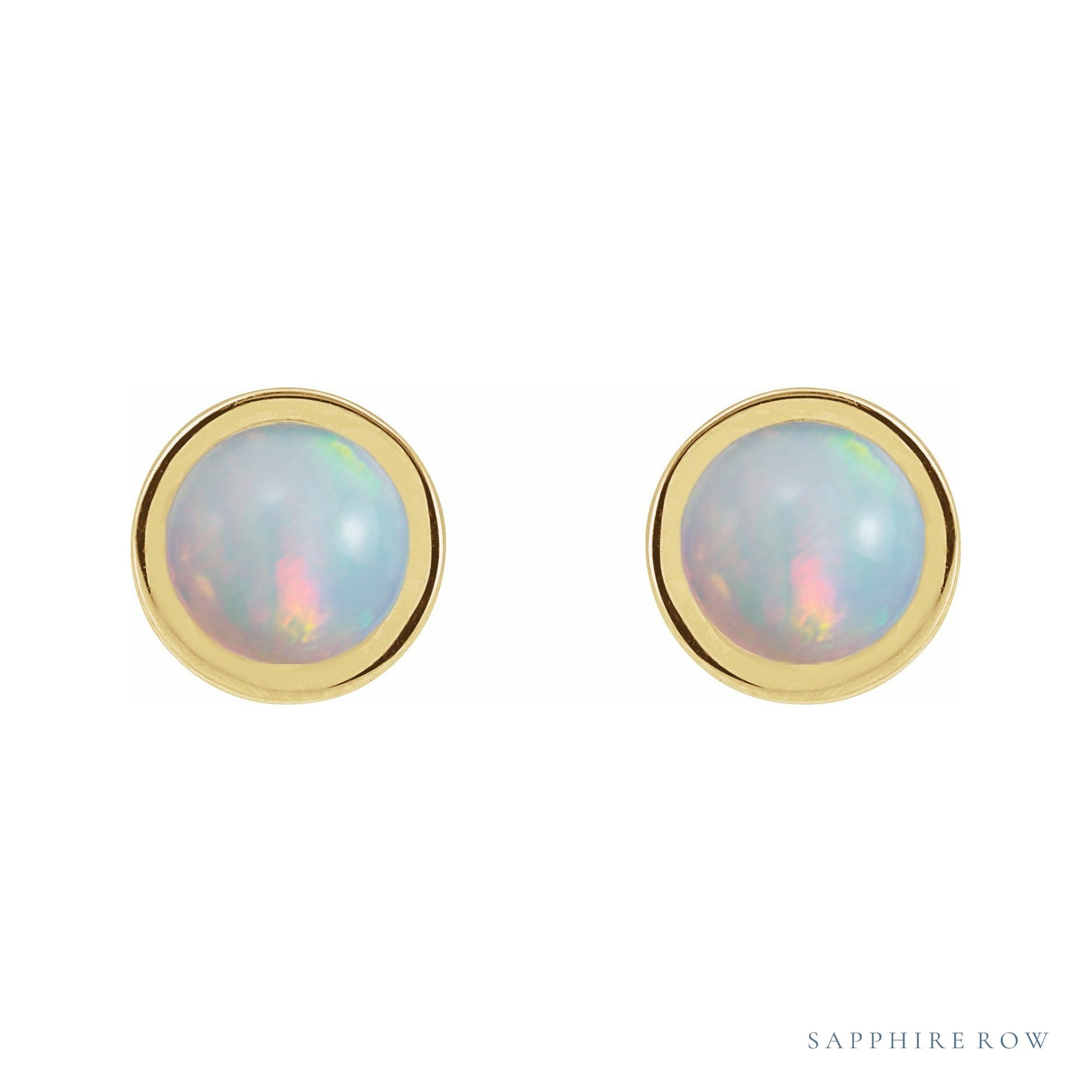 Sapphire Row Natural Cabochon Gemstone Bezel Stud Earrings - White Opal, 14K Yellow Gold, 5 mm (view 2)