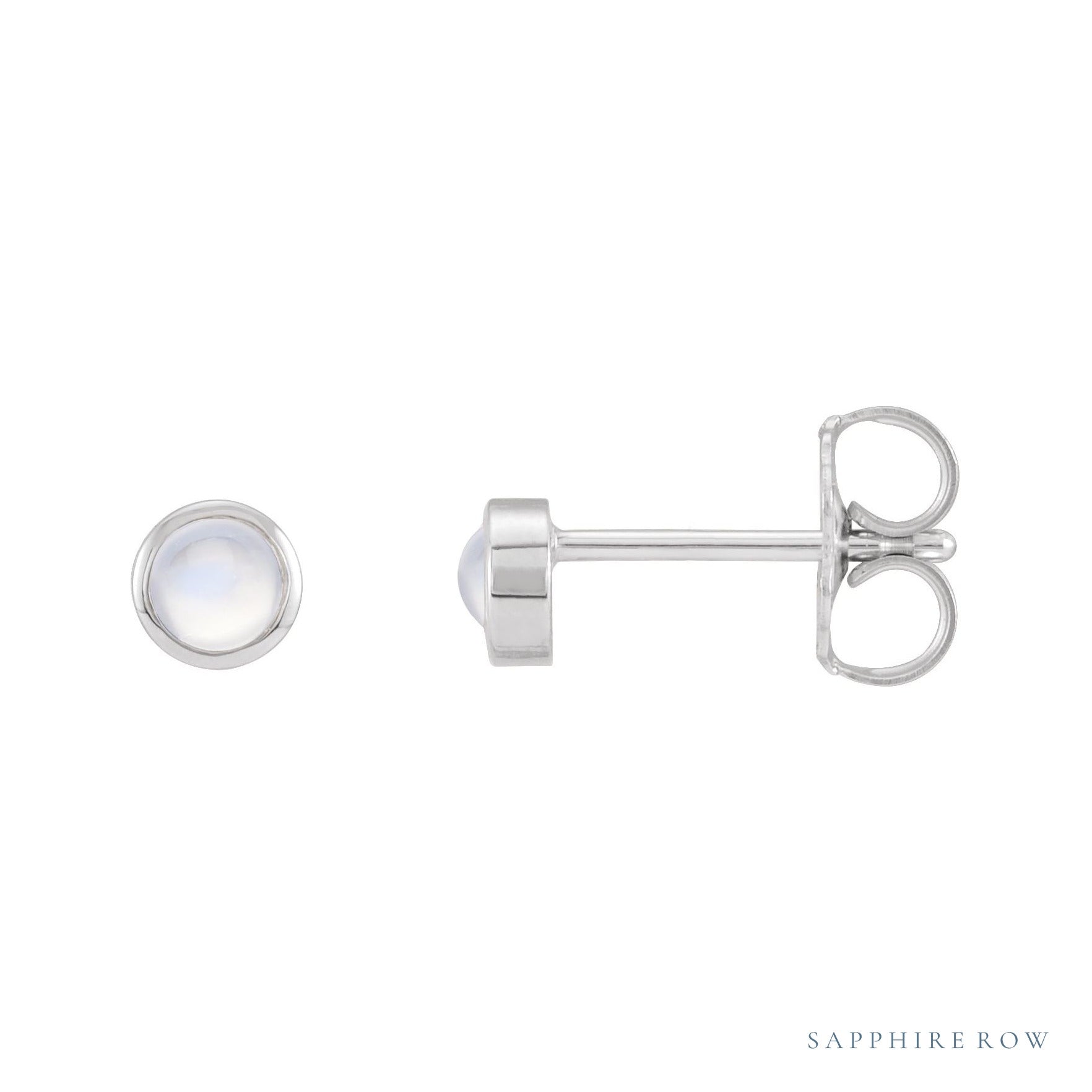Sapphire Row Natural Cabochon Gemstone Bezel Stud Earrings - Rainbow Moonstone, Platinum