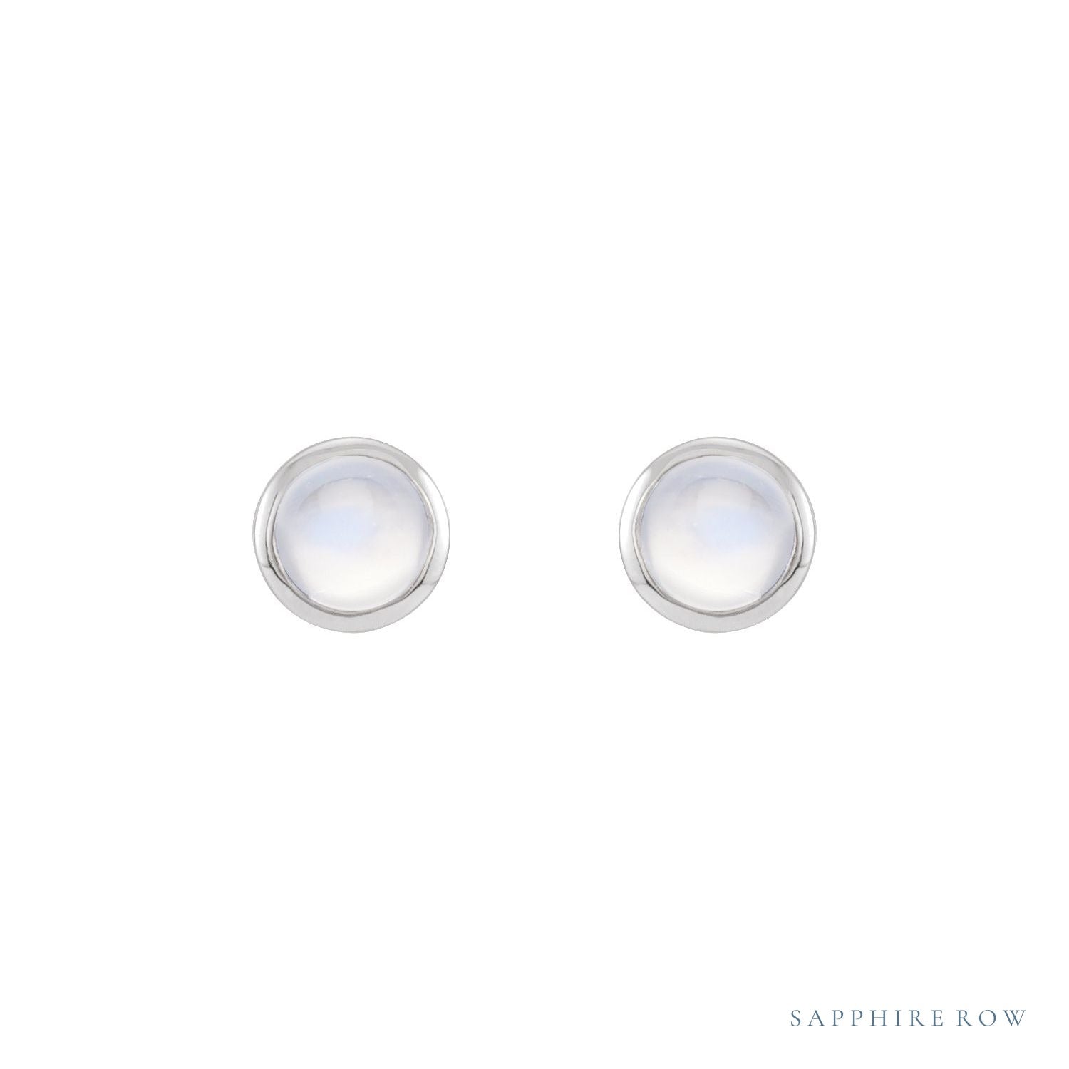 Sapphire Row Natural Cabochon Gemstone Bezel Stud Earrings - Rainbow Moonstone, Platinum (view 2)