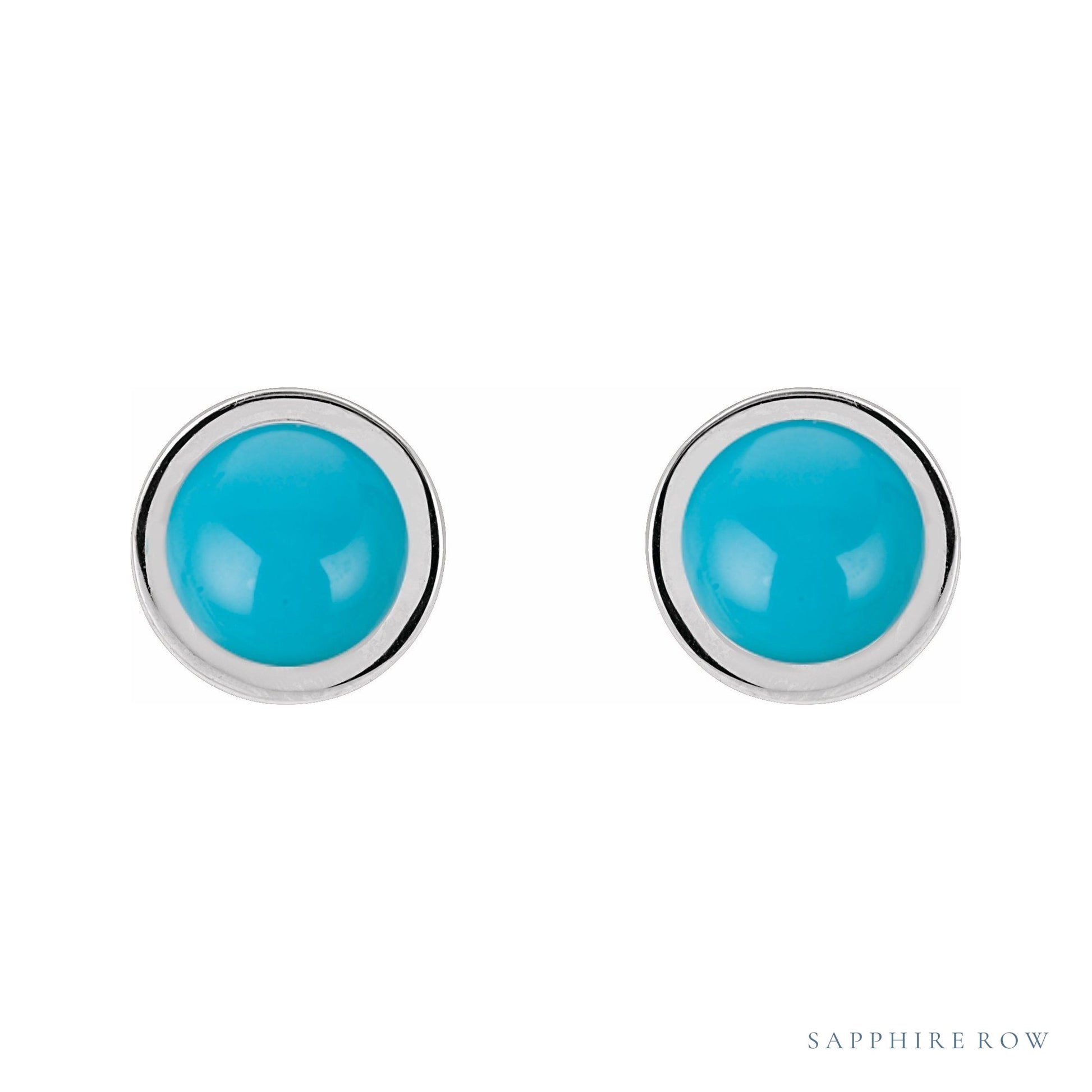 Sapphire Row Natural Cabochon Gemstone Bezel Stud Earrings - Turquoise, 14K White Gold, 5 mm (view 2)