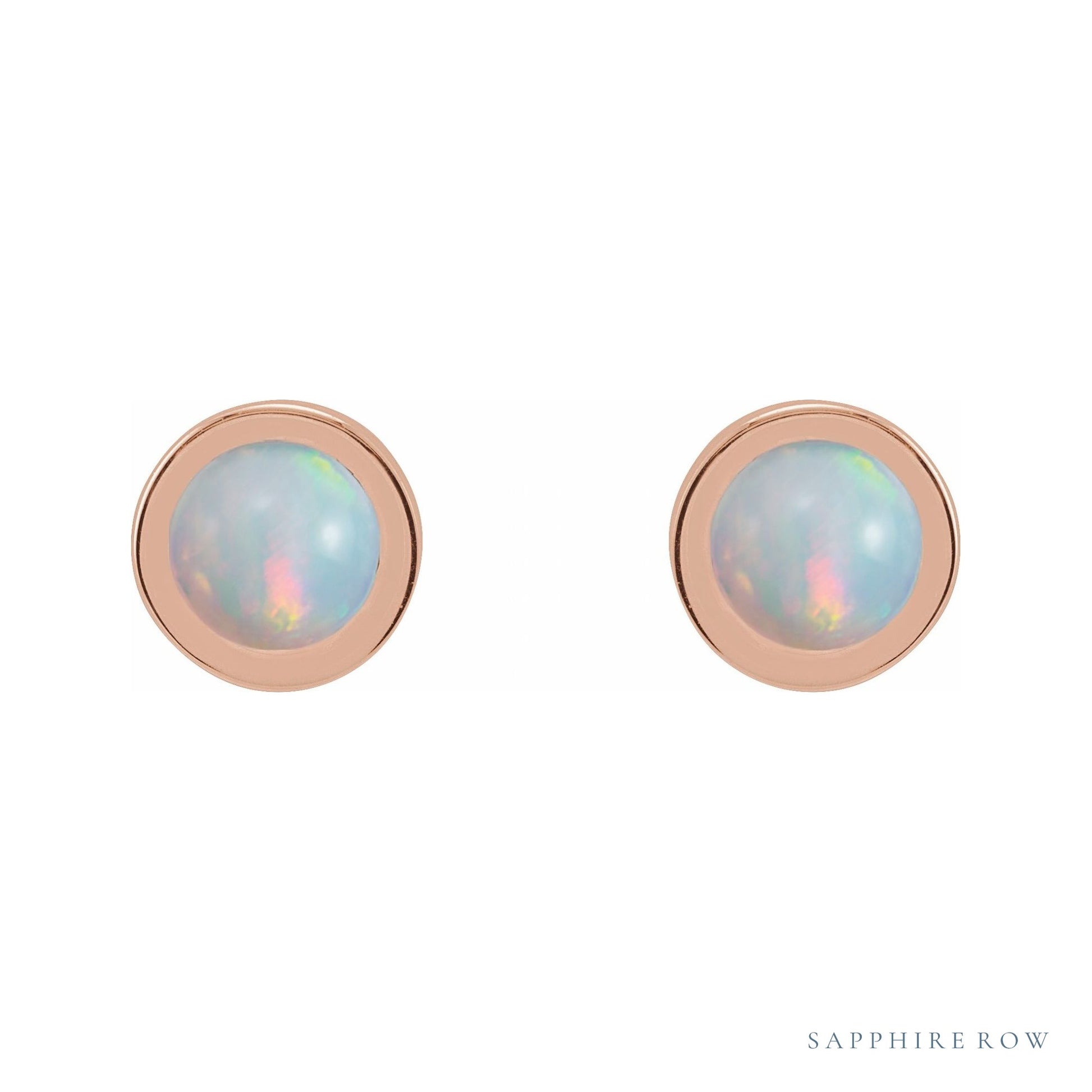 Sapphire Row Natural Cabochon Gemstone Bezel Stud Earrings - White Opal, 14K Rose Gold, 4 mm (view 2)