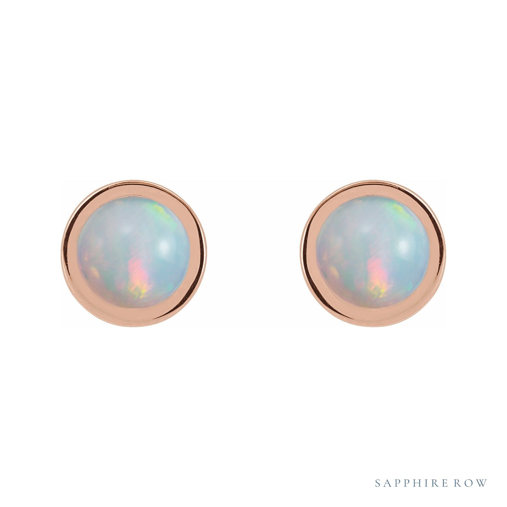 Sapphire Row Natural Cabochon Gemstone Bezel Stud Earrings - White Opal, 14K Rose Gold, 5 mm (view 2)