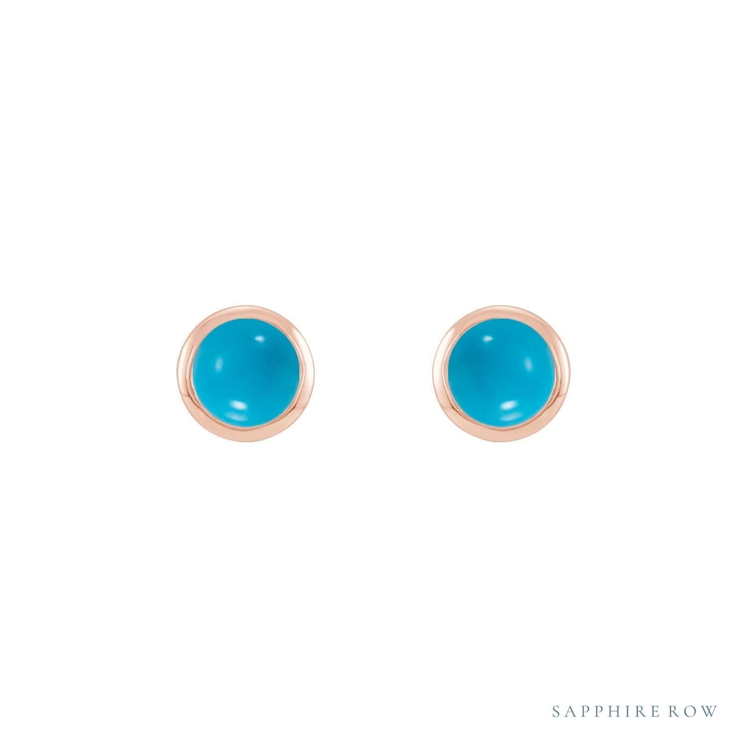 Sapphire Row Natural Cabochon Gemstone Bezel Stud Earrings - Turquoise, 14K Rose Gold (view 2)