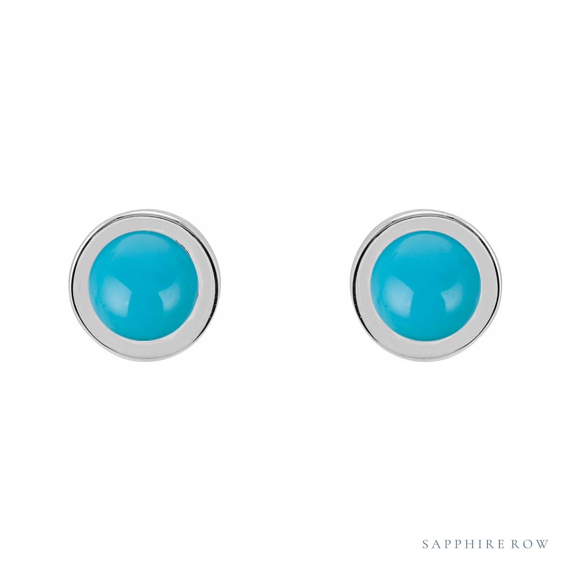 Sapphire Row Natural Cabochon Gemstone Bezel Stud Earrings - Turquoise, Platinum, 4 mm (view 2)