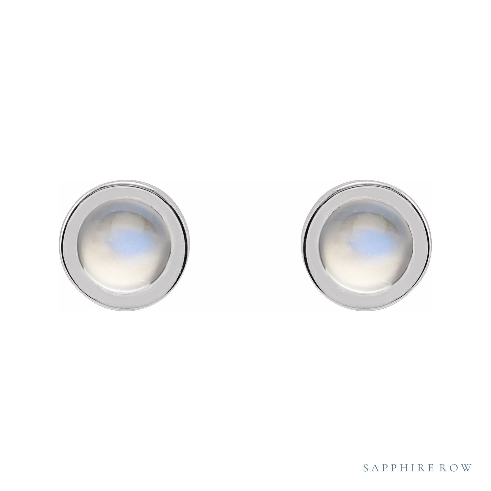 Sapphire Row Natural Cabochon Gemstone Bezel Stud Earrings - Rainbow Moonstone, 14K White Gold, 4 mm (view 2)