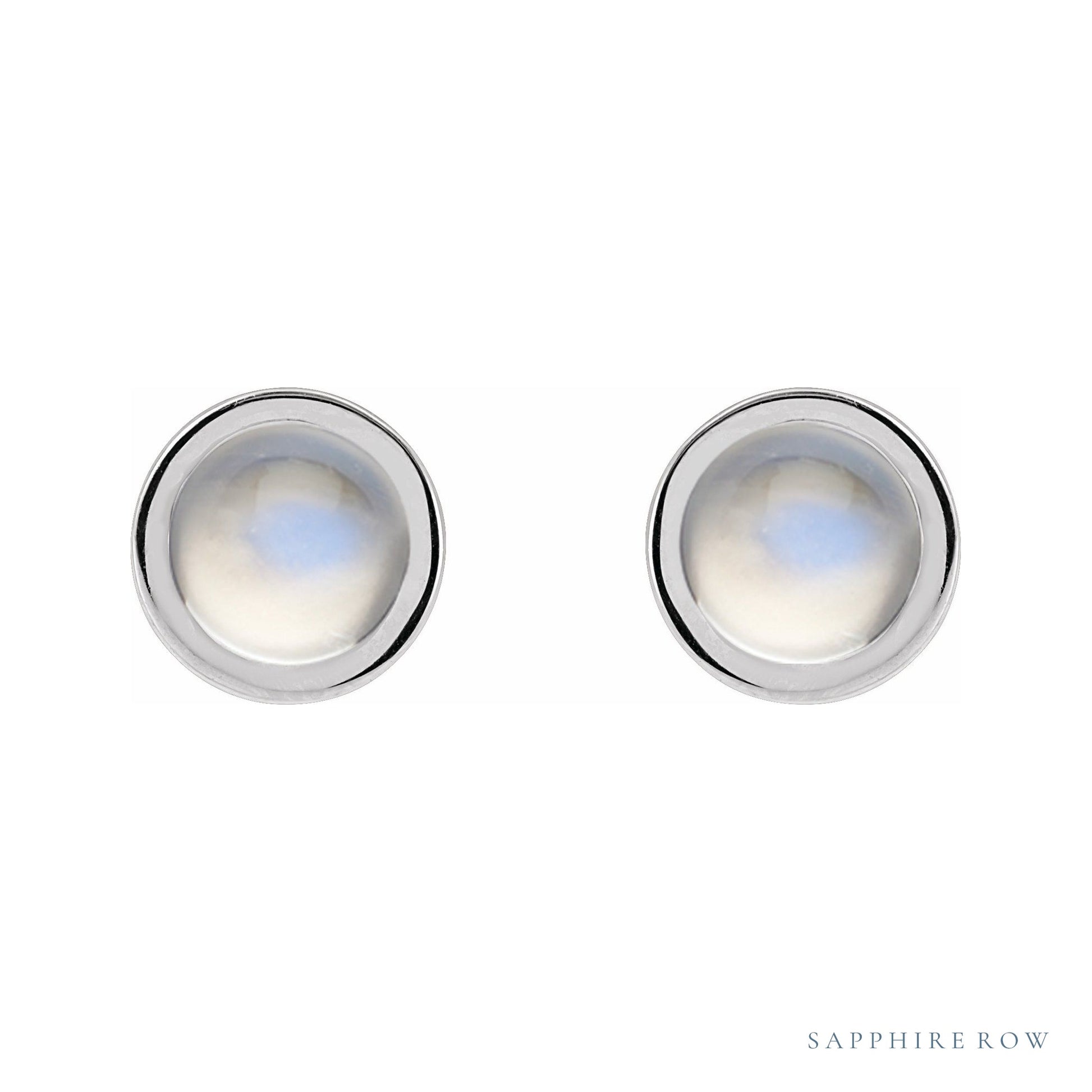 Sapphire Row Natural Cabochon Gemstone Bezel Stud Earrings - Rainbow Moonstone, 14K White Gold, 5 mm (view 2)