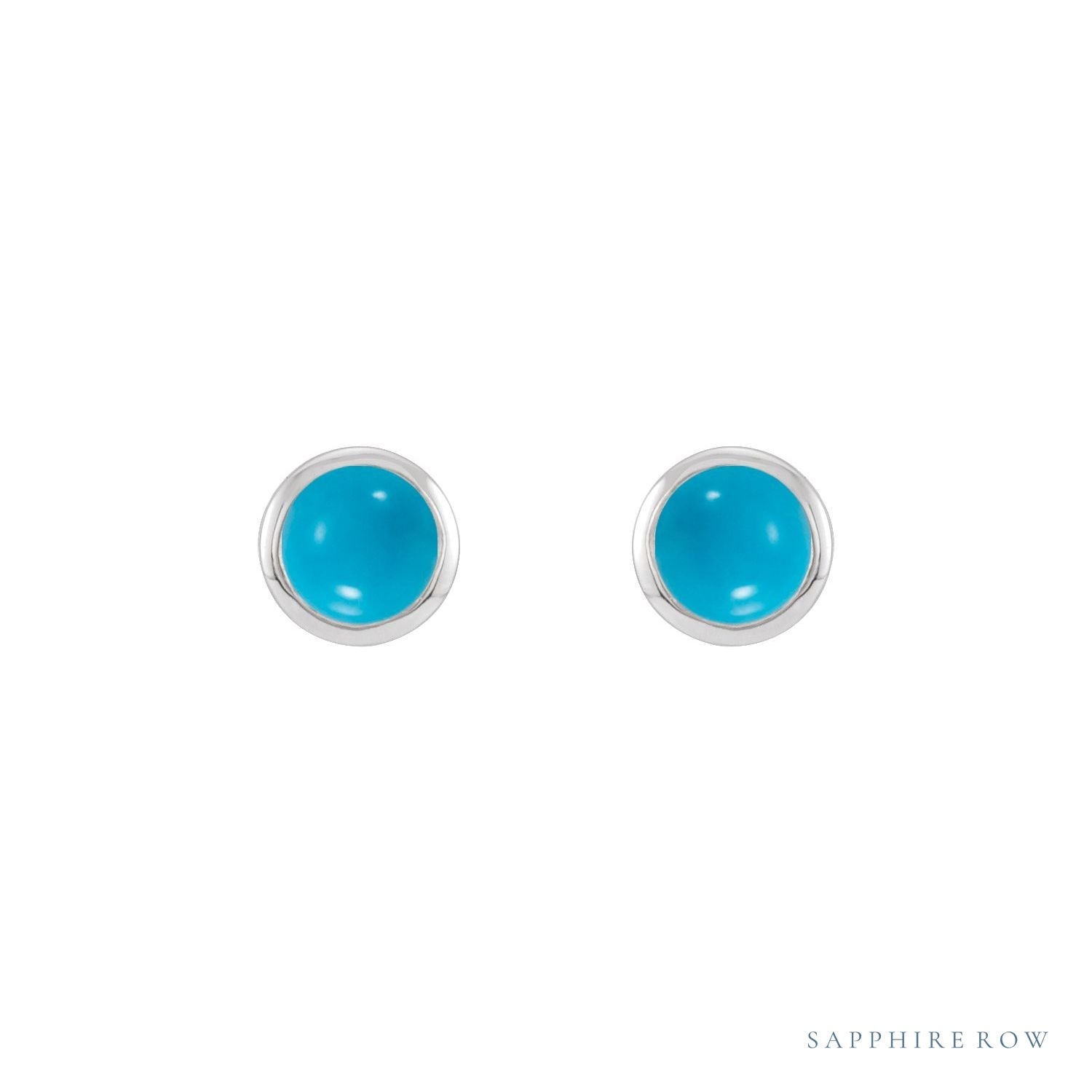 Sapphire Row Natural Cabochon Gemstone Bezel Stud Earrings - Turquoise, 14K White Gold (view 2)
