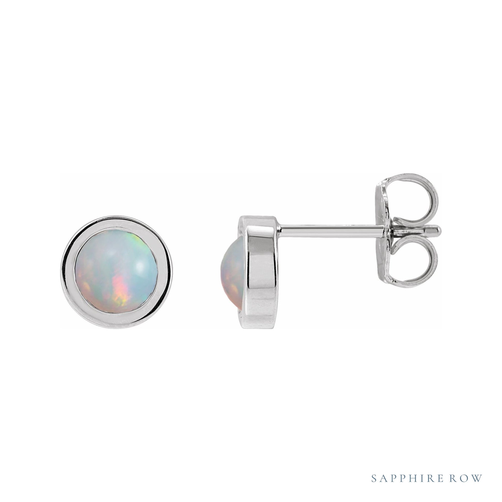 Sapphire Row Natural Cabochon Gemstone Bezel Stud Earrings - White Opal, Platinum, 5 mm