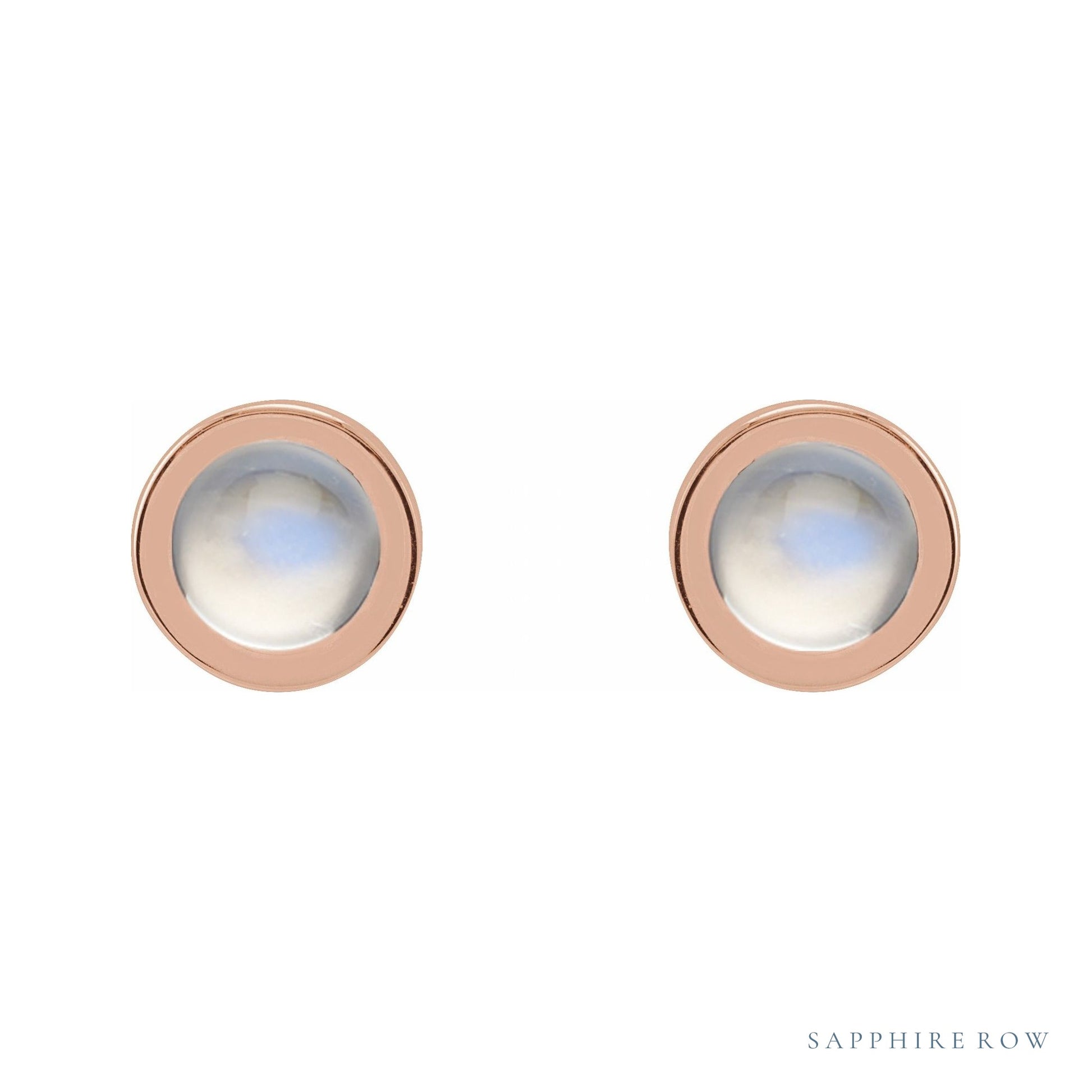 Sapphire Row Natural Cabochon Gemstone Bezel Stud Earrings - Rainbow Moonstone, 14K Rose Gold, 4 mm (view 2)
