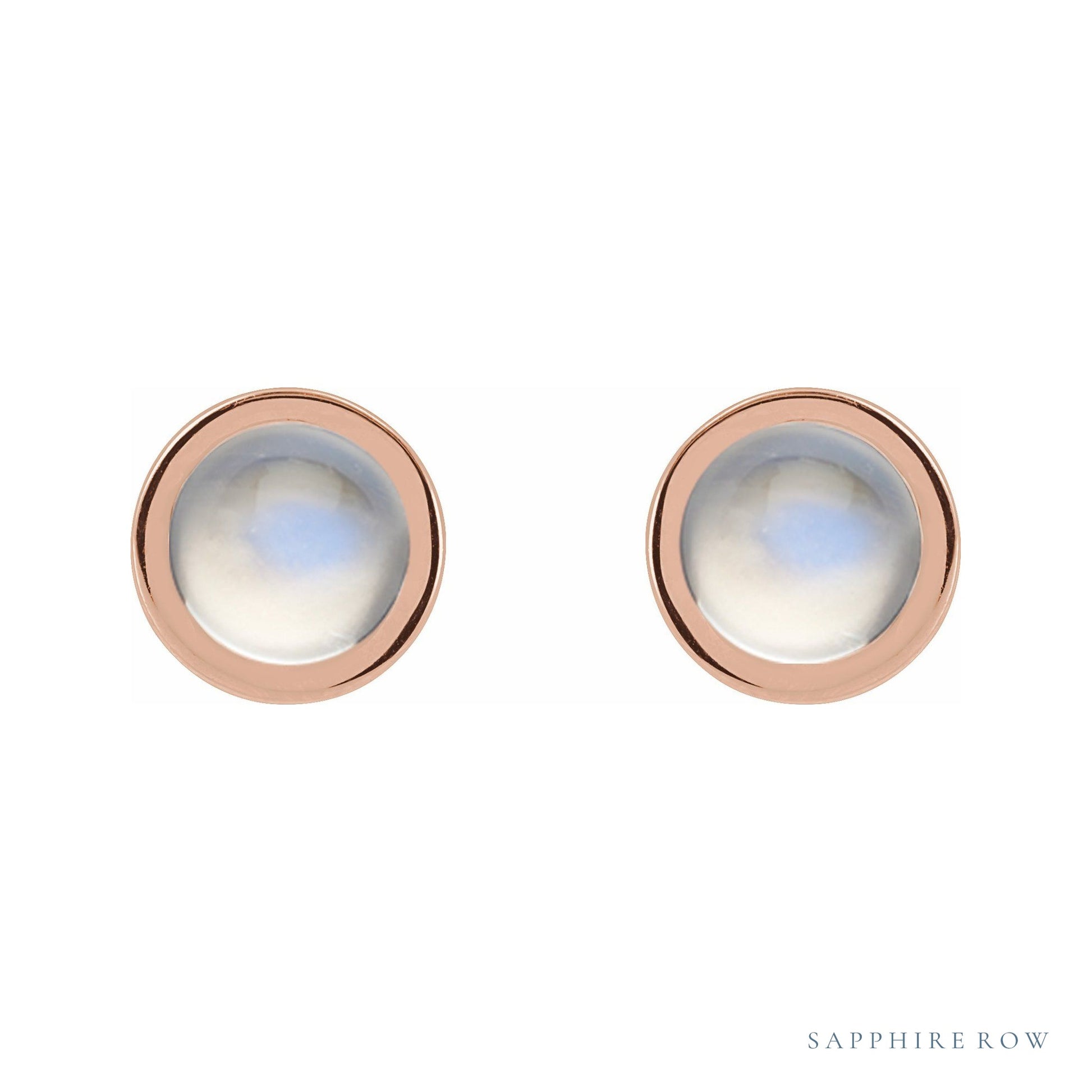 Sapphire Row Natural Cabochon Gemstone Bezel Stud Earrings - Rainbow Moonstone, 14K Rose Gold, 5 mm (view 2)