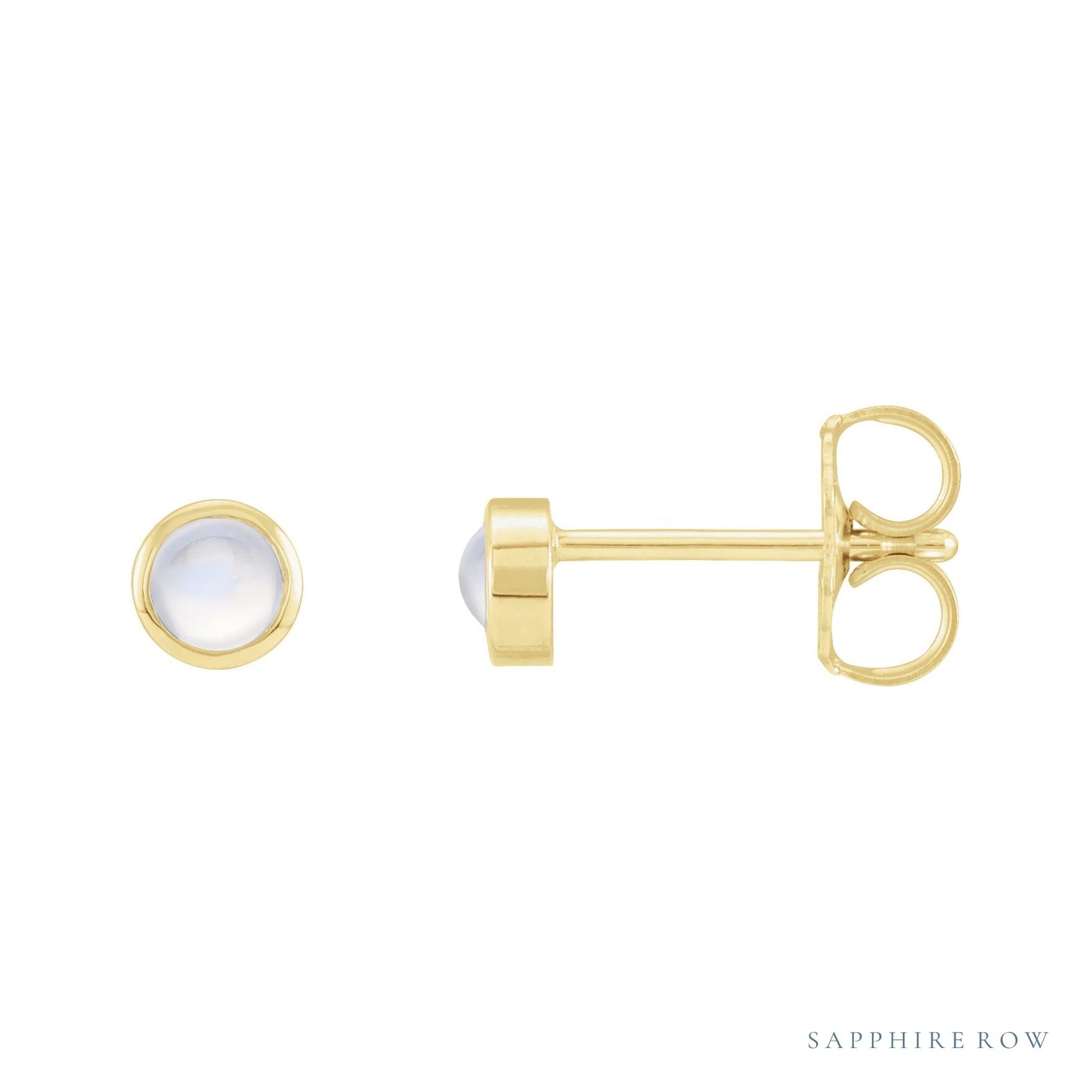 Sapphire Row Natural Cabochon Gemstone Bezel Stud Earrings - Rainbow Moonstone, 14K Yellow Gold