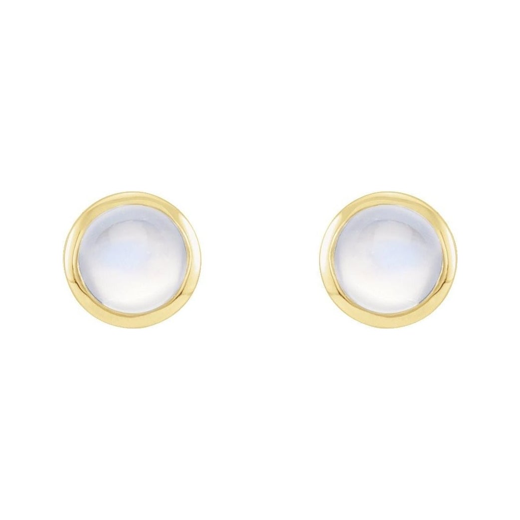 Sapphire Row Natural Cabochon Gemstone Bezel Stud Earrings - Rainbow Moonstone, 14K Yellow Gold (view 2)