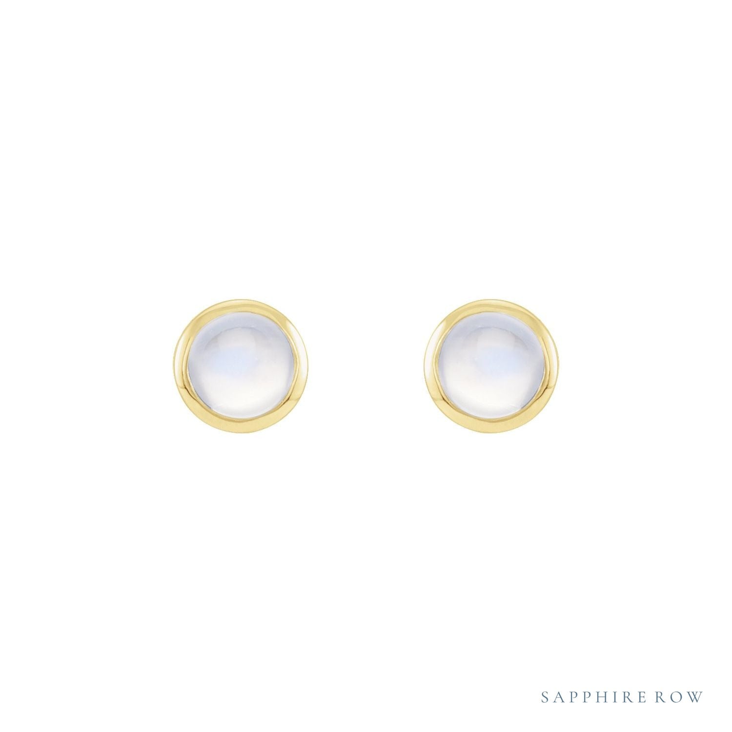 Sapphire Row Natural Cabochon Gemstone Bezel Stud Earrings - Rainbow Moonstone, 14K Yellow Gold (view 2)