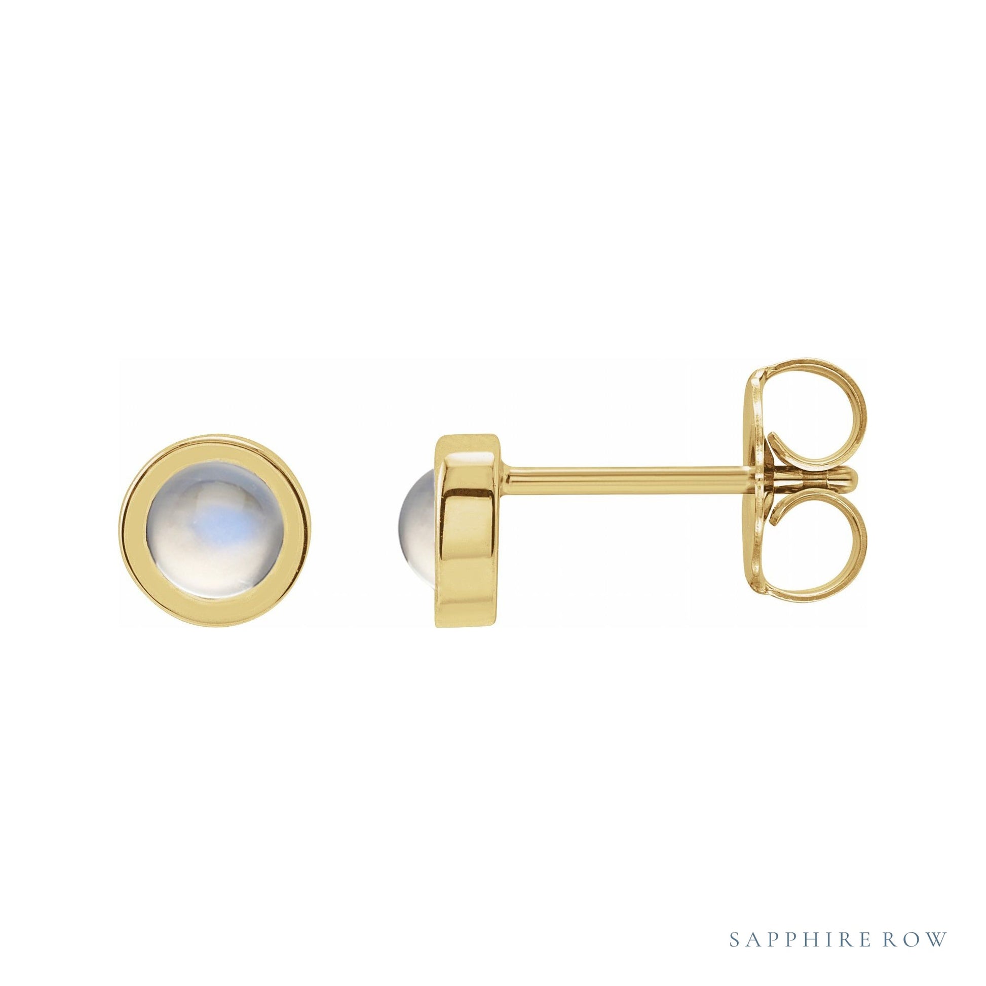 Sapphire Row Natural Cabochon Gemstone Bezel Stud Earrings - Rainbow Moonstone, 14K Yellow Gold, 4 mm