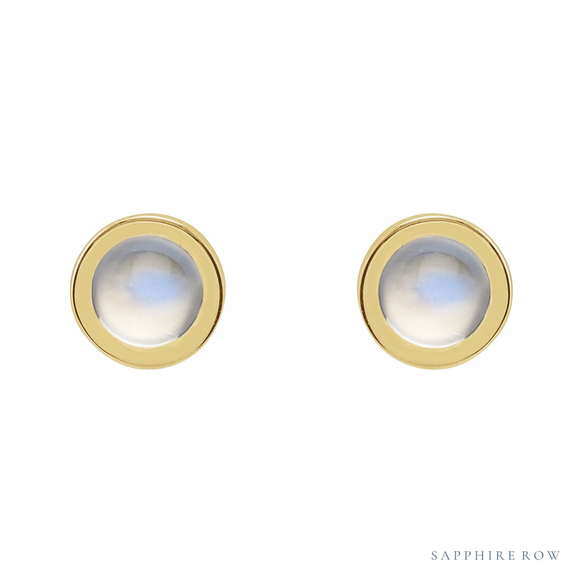 Sapphire Row Natural Cabochon Gemstone Bezel Stud Earrings - Rainbow Moonstone, 14K Yellow Gold, 4 mm (view 2)