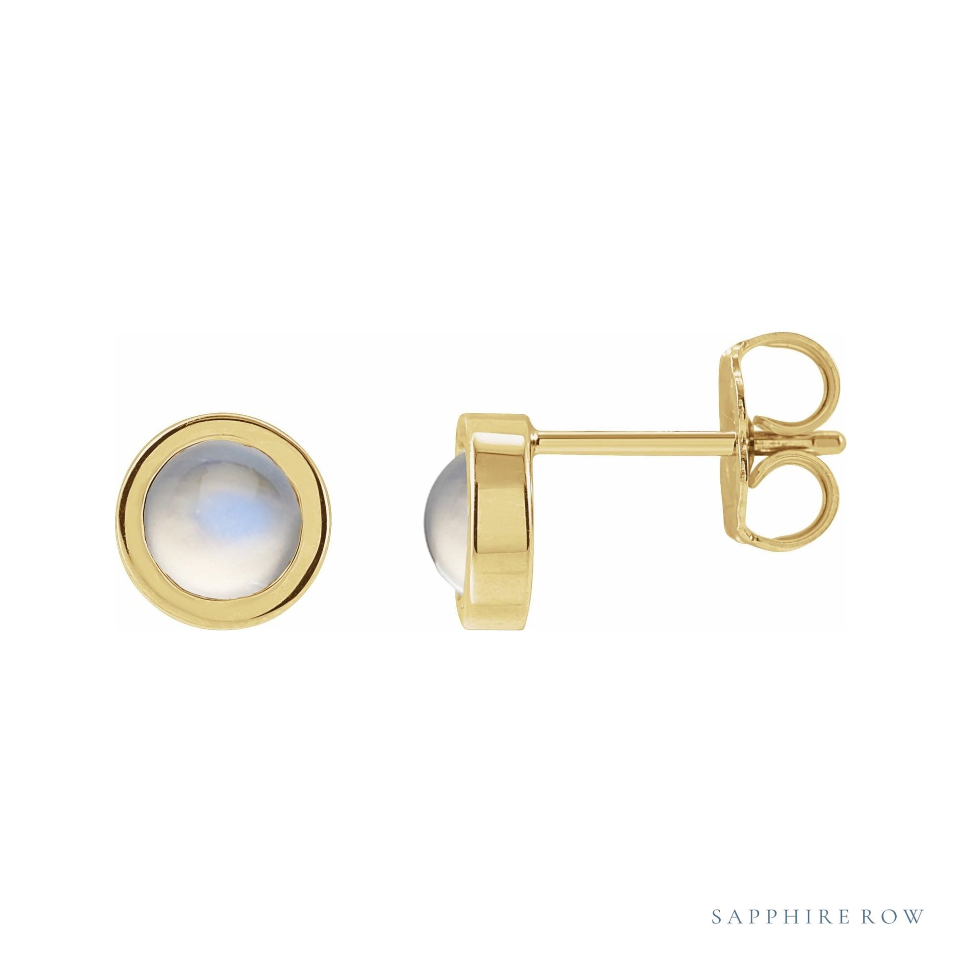 Sapphire Row Natural Cabochon Gemstone Bezel Stud Earrings - Rainbow Moonstone, 14K Yellow Gold, 5 mm