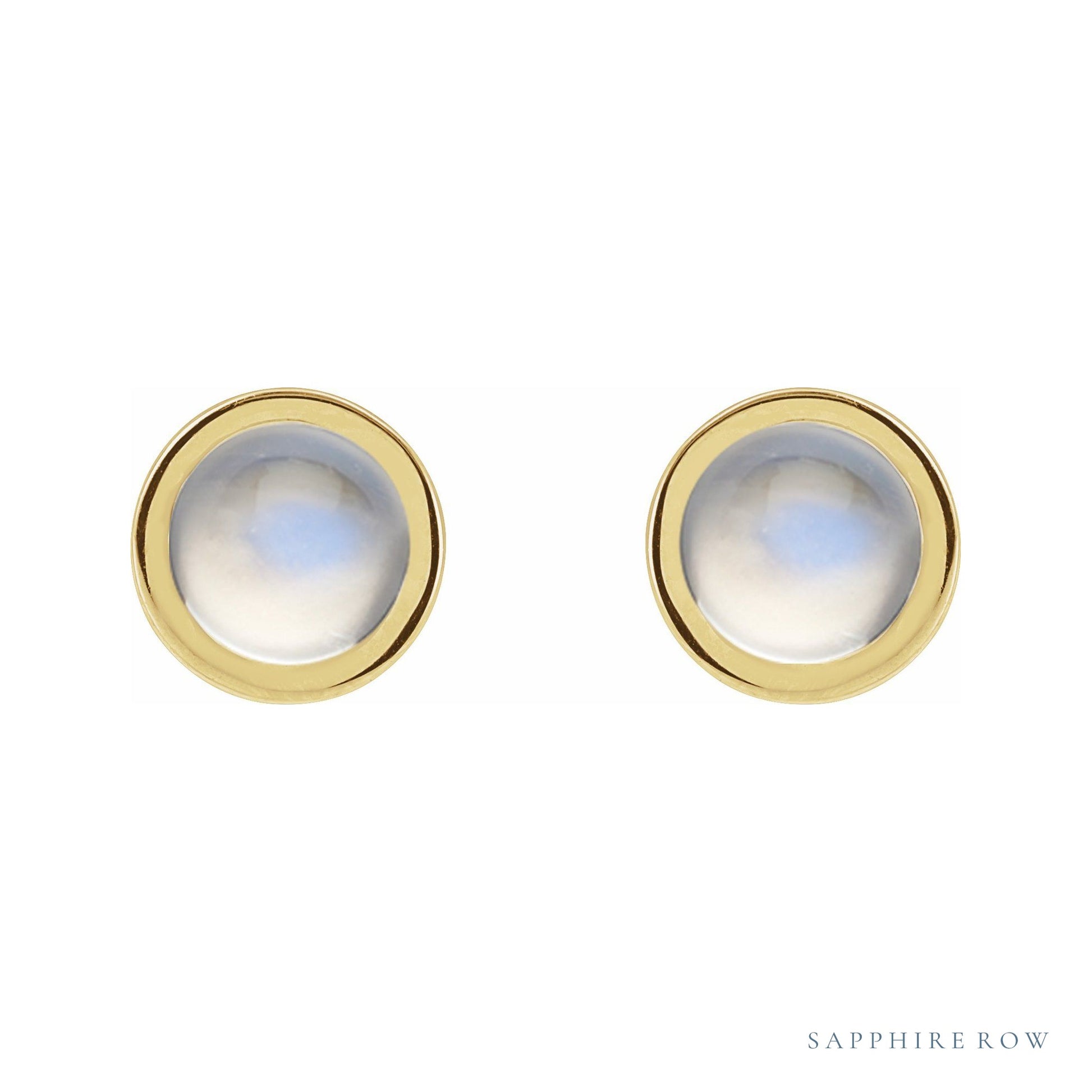 Sapphire Row Natural Cabochon Gemstone Bezel Stud Earrings - Rainbow Moonstone, 14K Yellow Gold, 5 mm (view 2)