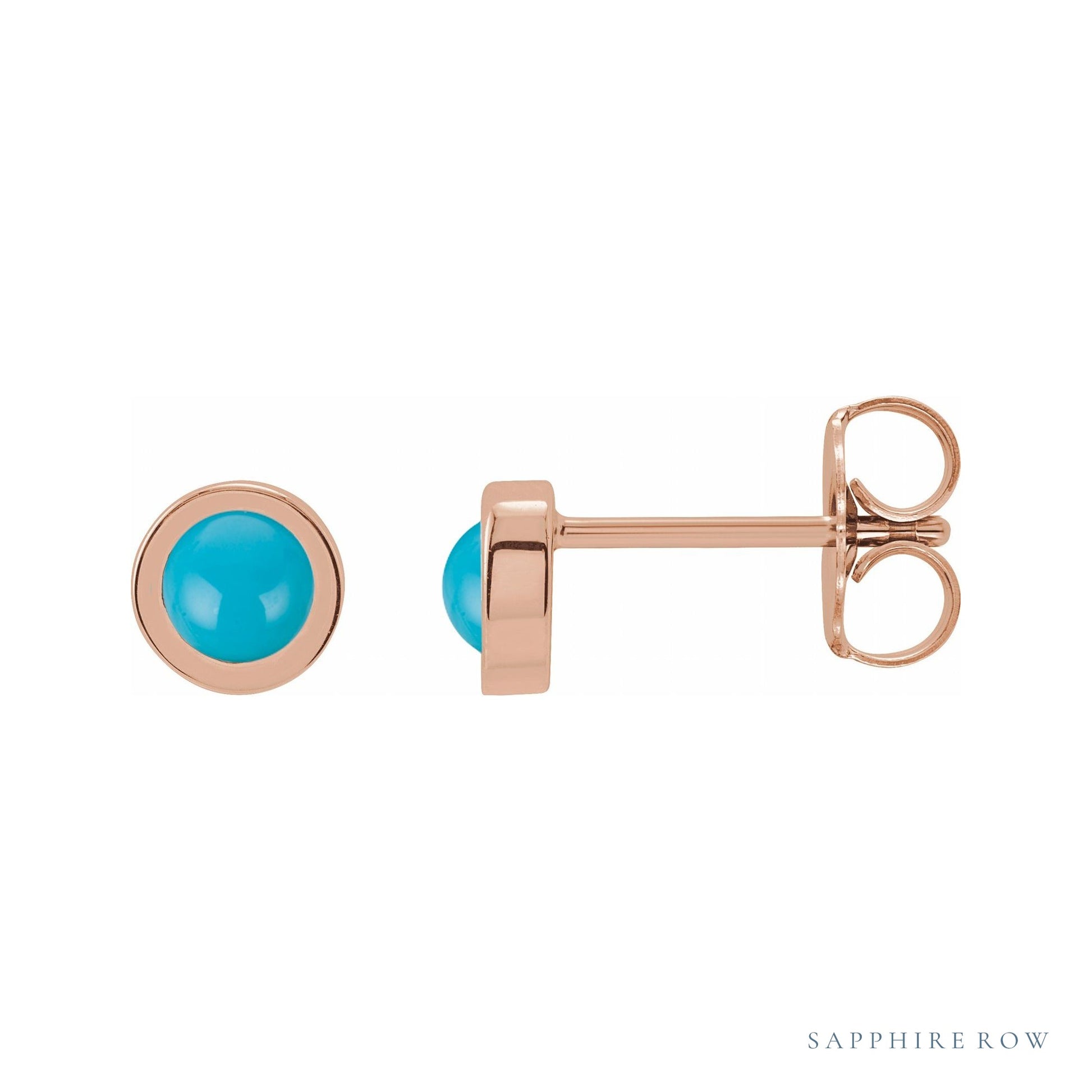 Sapphire Row Natural Cabochon Gemstone Bezel Stud Earrings - Turquoise, 14K Rose Gold, 4 mm