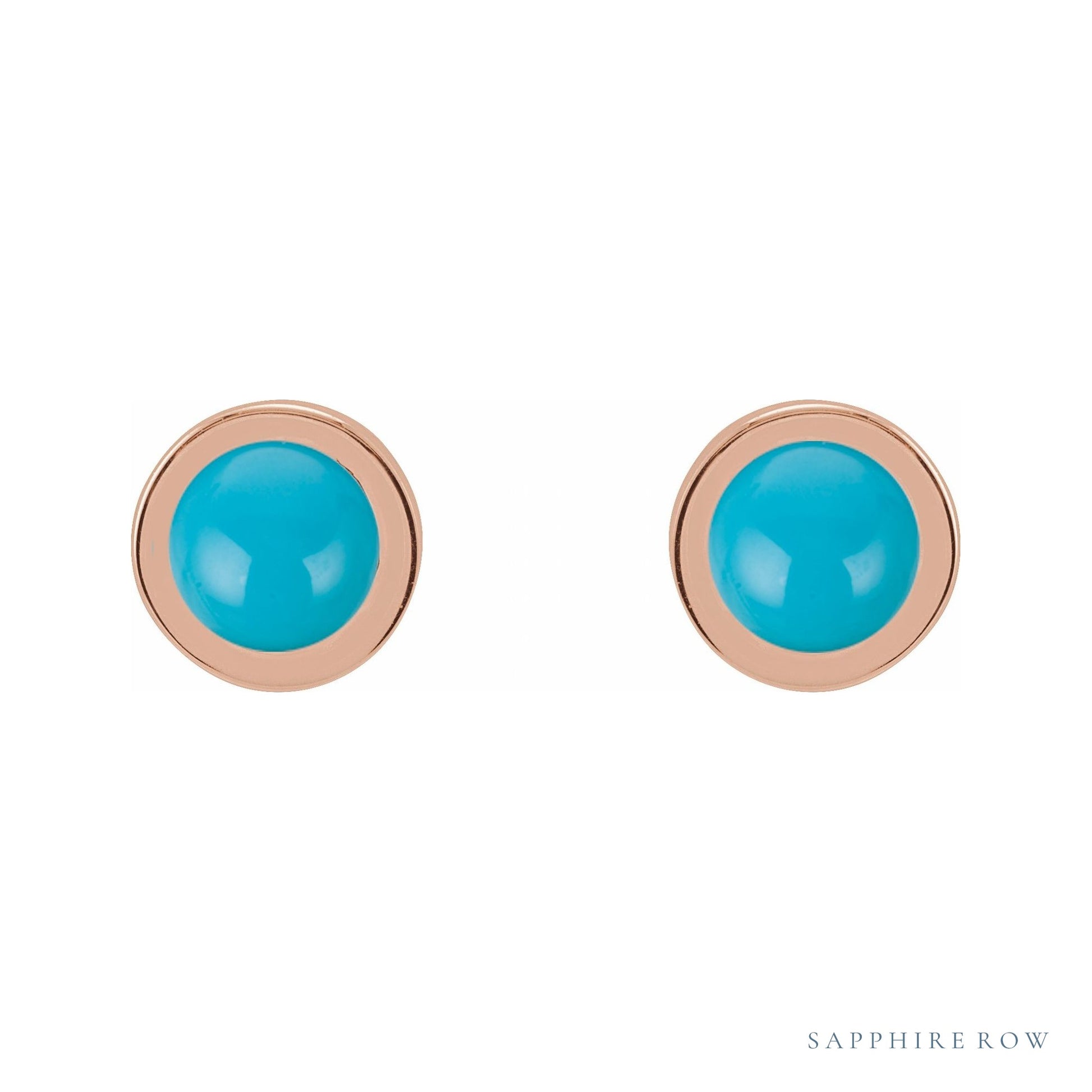 Sapphire Row Natural Cabochon Gemstone Bezel Stud Earrings - Turquoise, 14K Rose Gold, 4 mm (view 2)