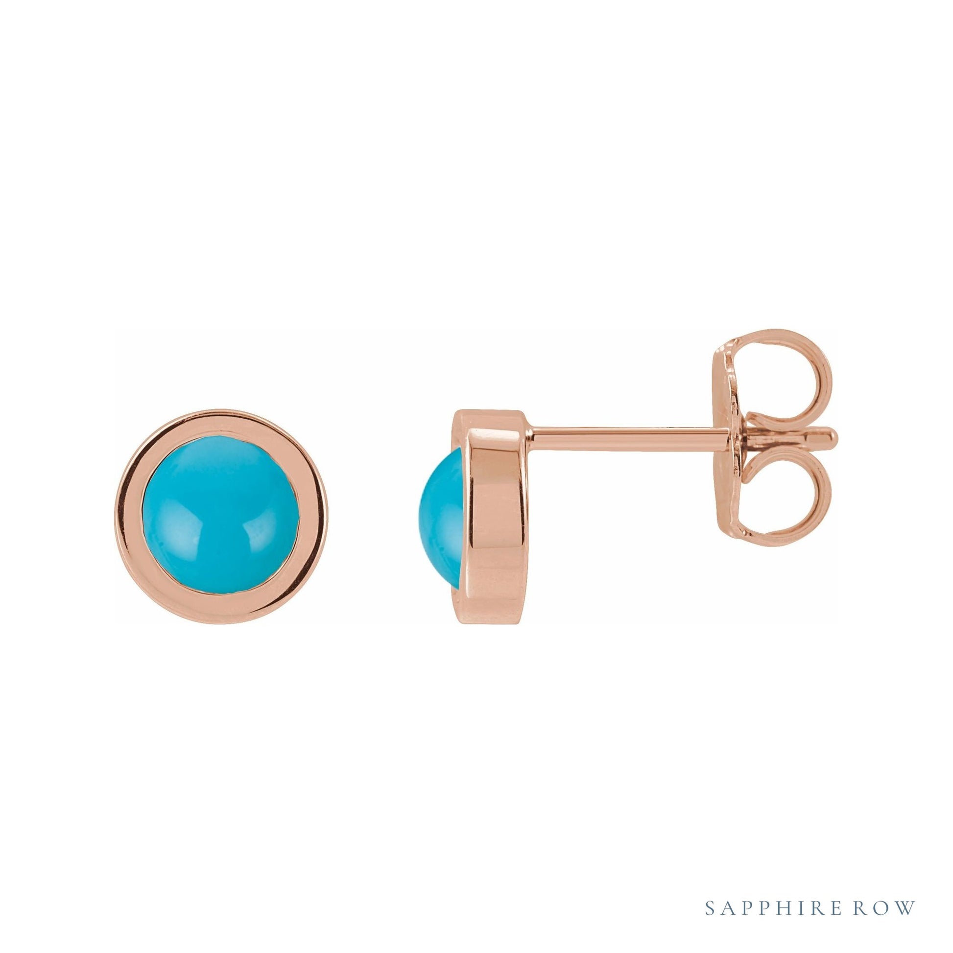 Sapphire Row Natural Cabochon Gemstone Bezel Stud Earrings - Turquoise, 14K Rose Gold, 5 mm