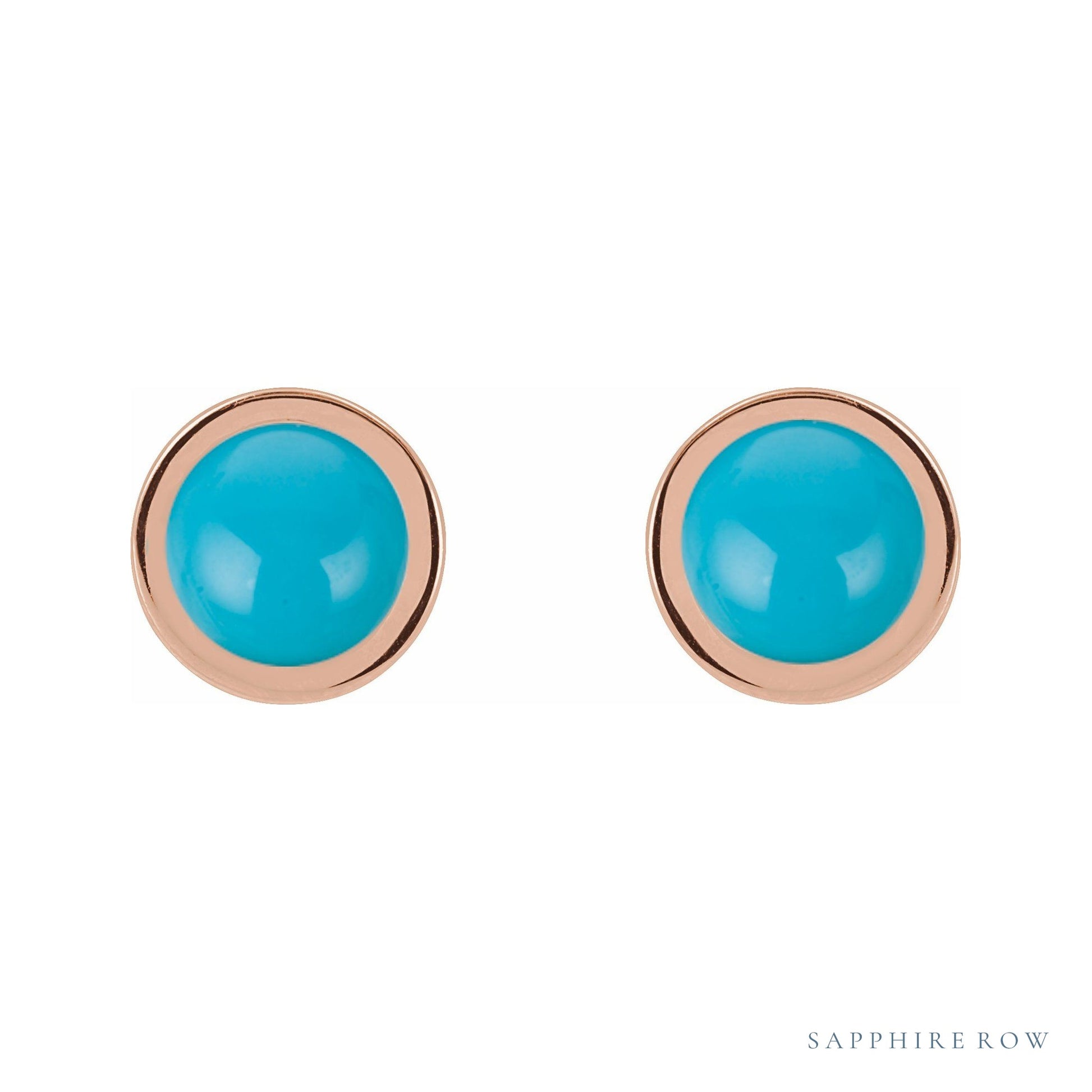 Sapphire Row Natural Cabochon Gemstone Bezel Stud Earrings - Turquoise, 14K Rose Gold, 5 mm (view 2)