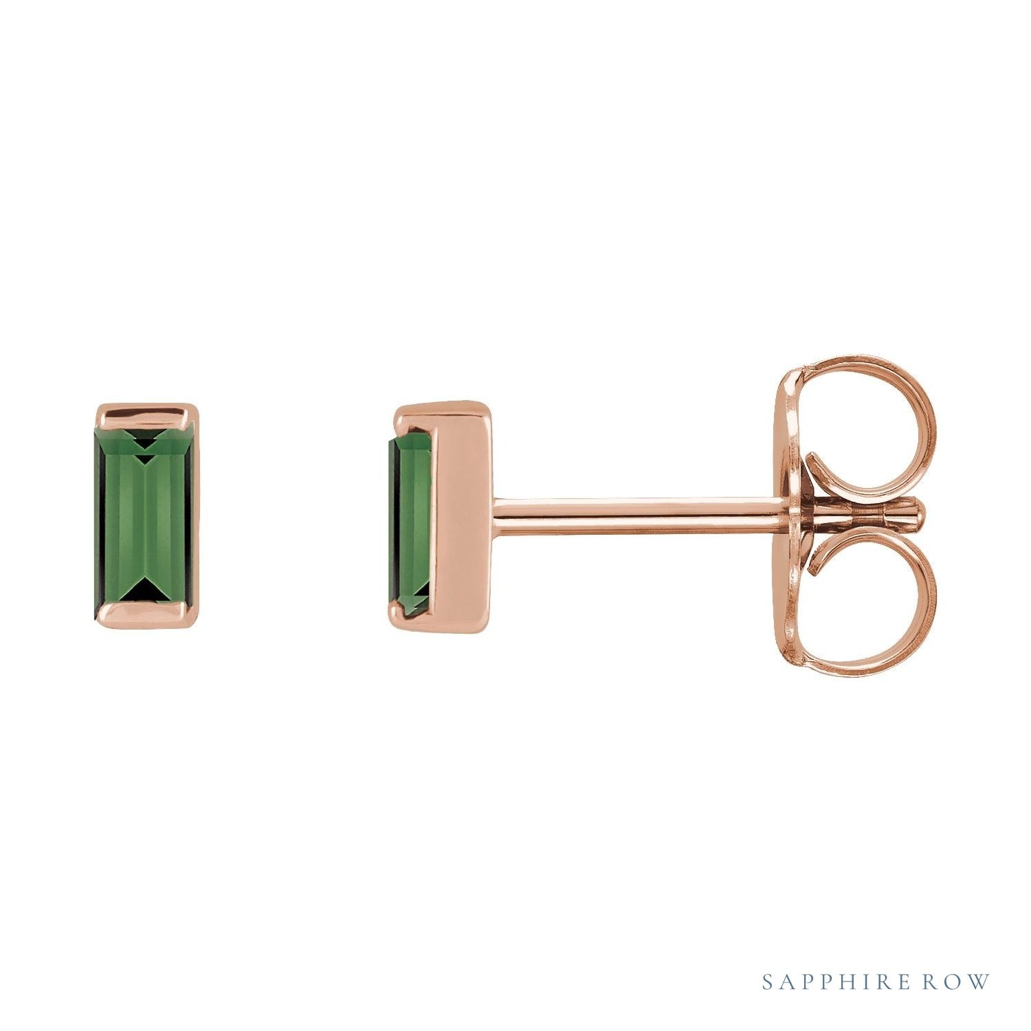 Sapphire Row Natural Gemstone Channel-Set Baguette Stud Earrings - Green Tourmaline, 14K Rose Gold