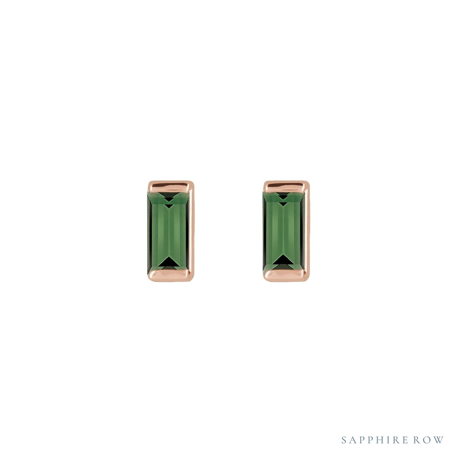 Sapphire Row Natural Gemstone Channel-Set Baguette Stud Earrings - Green Tourmaline, 14K Rose Gold (view 2)