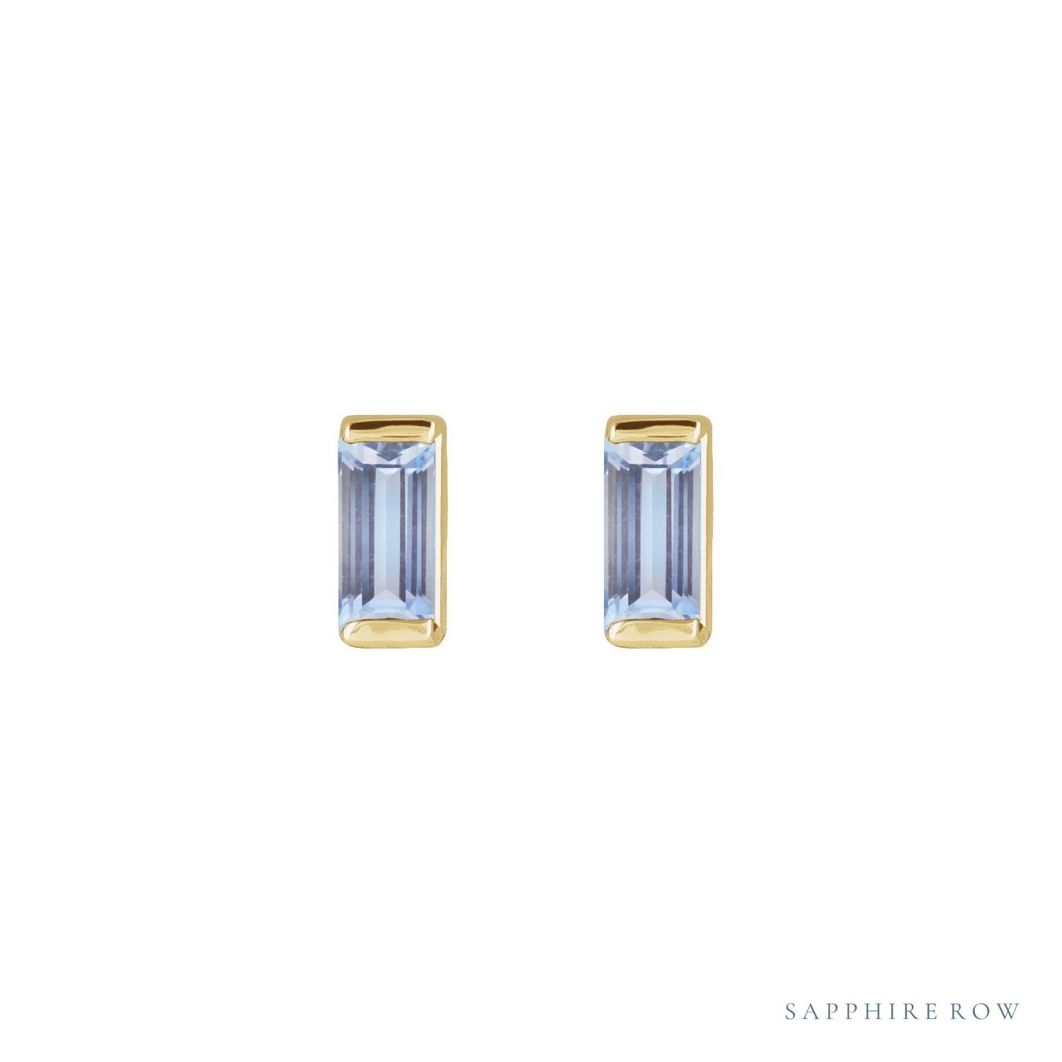 Sapphire Row Natural Gemstone Channel-Set Baguette Stud Earrings - Tanzanite, 14K Yellow Gold (view 2)