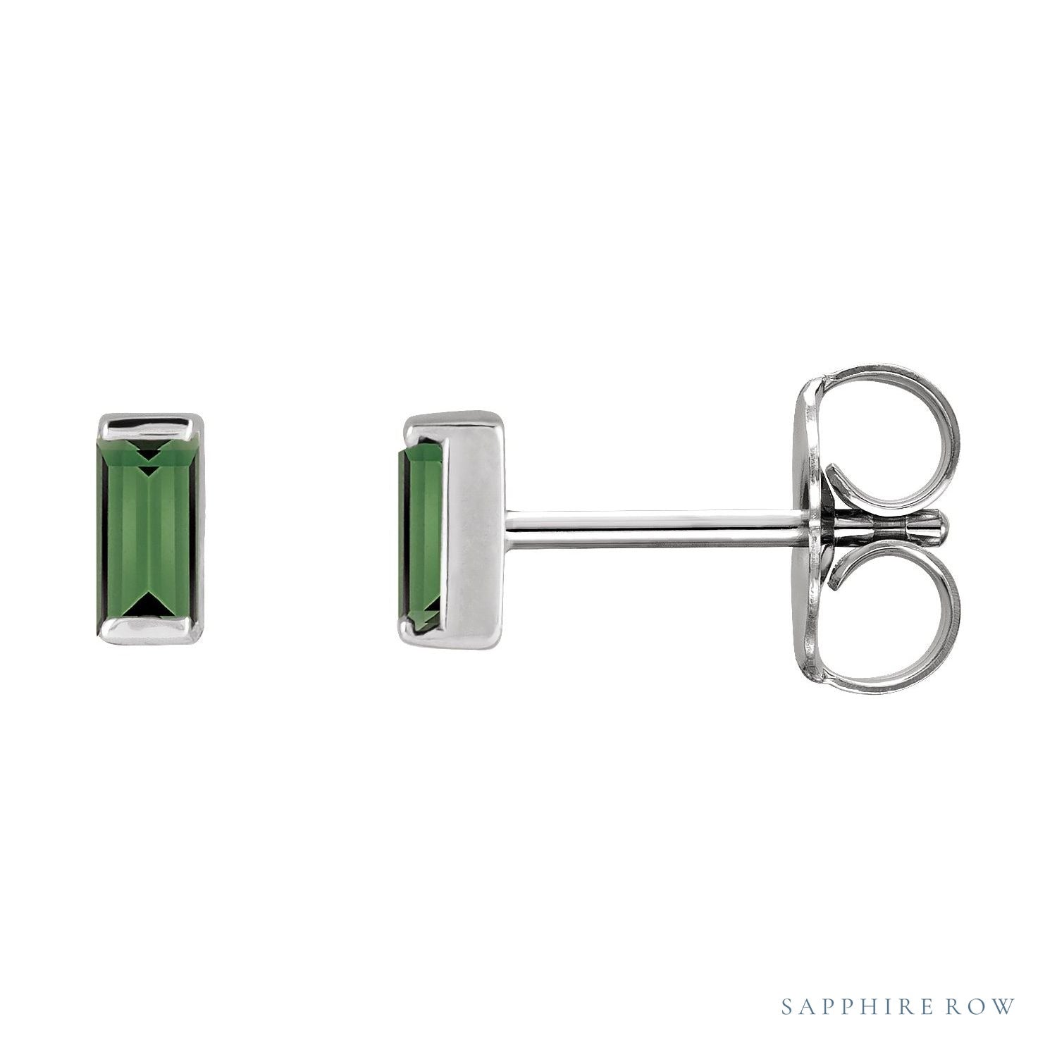 Sapphire Row Natural Gemstone Channel-Set Baguette Stud Earrings - Green Tourmaline, 14K White Gold
