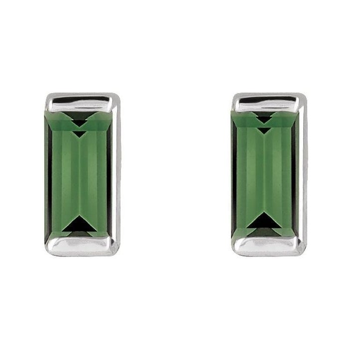 Sapphire Row Natural Gemstone Channel-Set Baguette Stud Earrings - Green Tourmaline, 14K White Gold (view 2)
