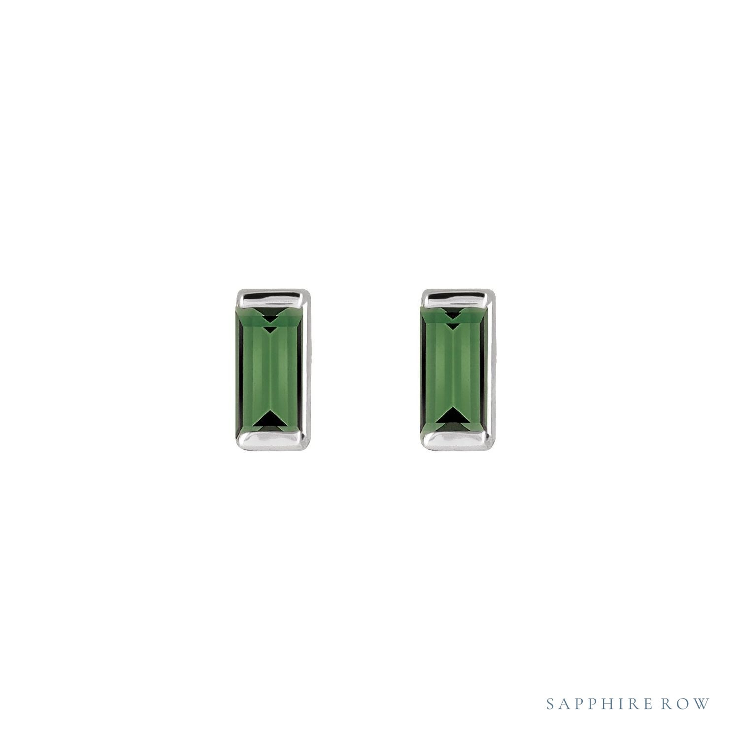Sapphire Row Natural Gemstone Channel-Set Baguette Stud Earrings - Green Tourmaline, 14K White Gold (view 2)