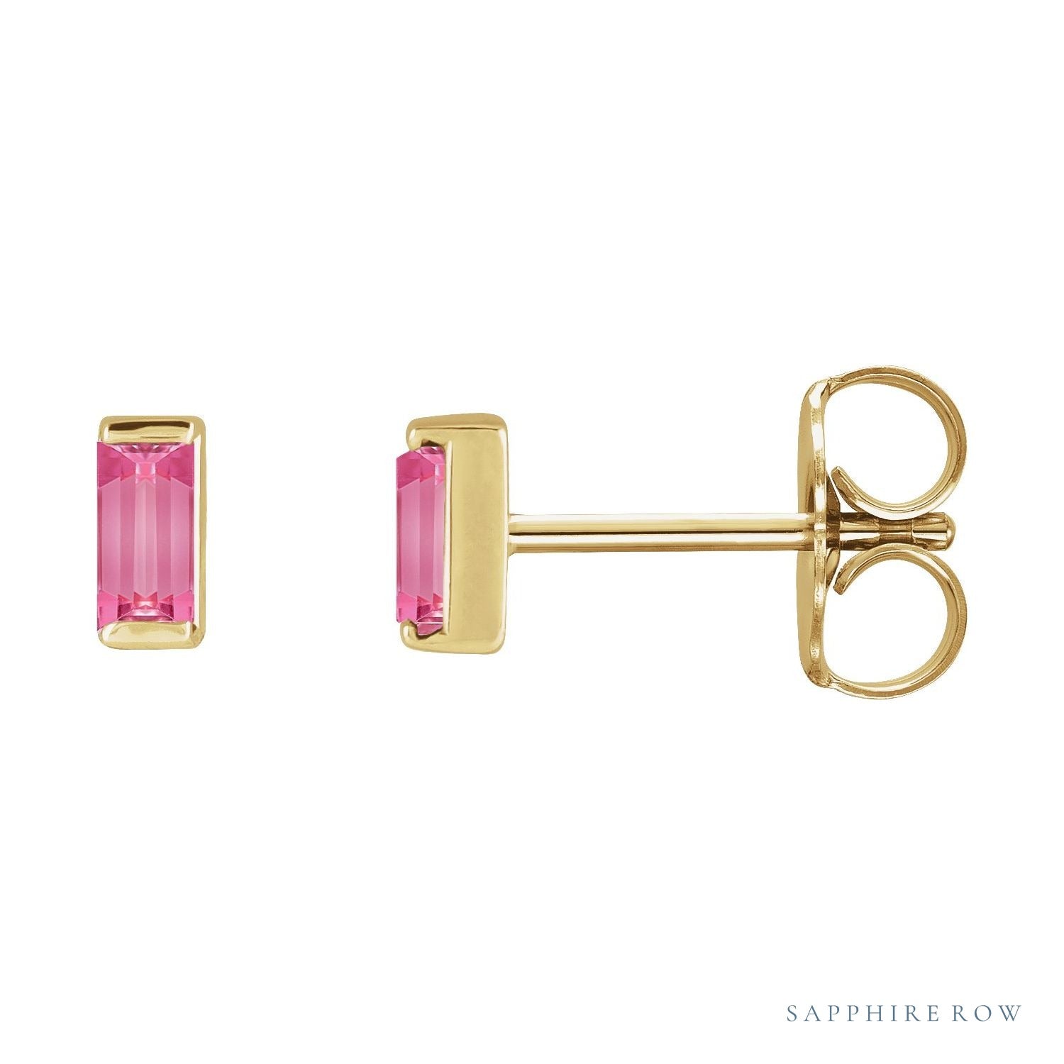 Sapphire Row Natural Gemstone Channel-Set Baguette Stud Earrings - Pink Tourmaline, 14K Yellow Gold