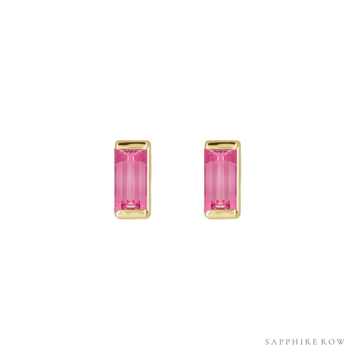 Sapphire Row Natural Gemstone Channel-Set Baguette Stud Earrings - Pink Tourmaline, 14K Yellow Gold (view 2)
