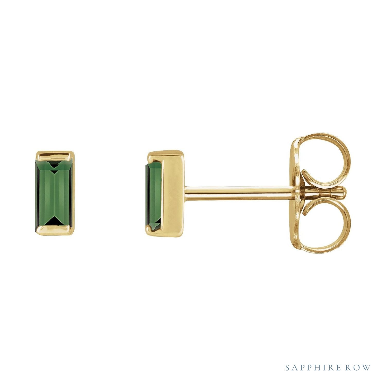 Sapphire Row Natural Gemstone Channel-Set Baguette Stud Earrings - Green Tourmaline, 14K Yellow Gold
