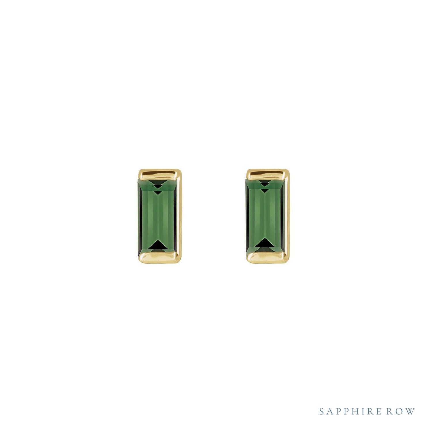 Sapphire Row Natural Gemstone Channel-Set Baguette Stud Earrings - Green Tourmaline, 14K Yellow Gold (view 2)