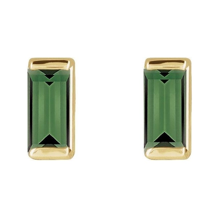 Sapphire Row Natural Gemstone Channel-Set Baguette Stud Earrings - Green Tourmaline, 14K Yellow Gold (view 2)