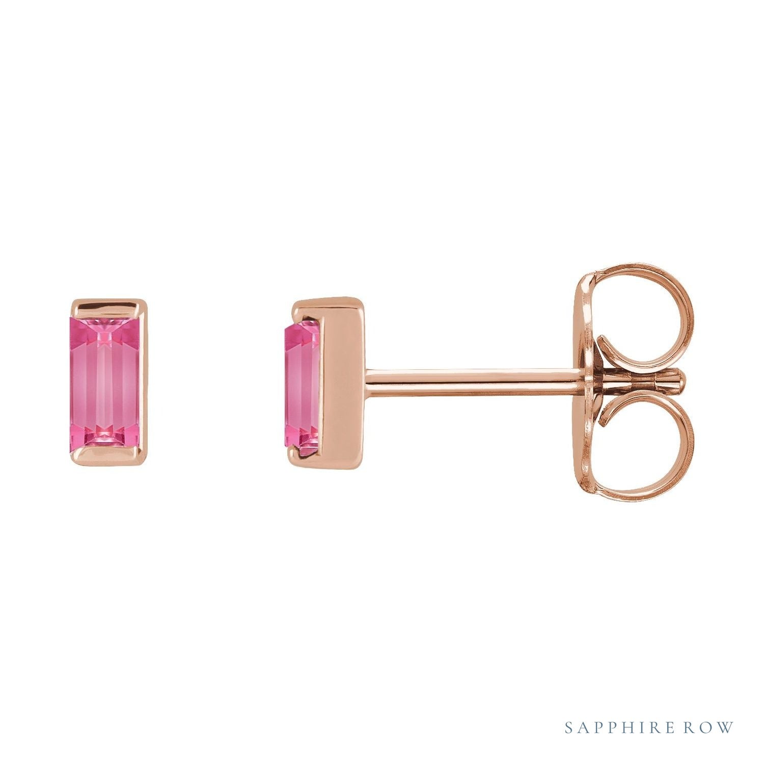 Sapphire Row Natural Gemstone Channel-Set Baguette Stud Earrings - Pink Tourmaline, 14K Rose Gold