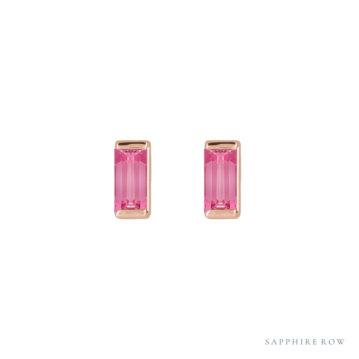 Sapphire Row Natural Gemstone Channel-Set Baguette Stud Earrings - Pink Tourmaline, 14K Rose Gold (view 2)