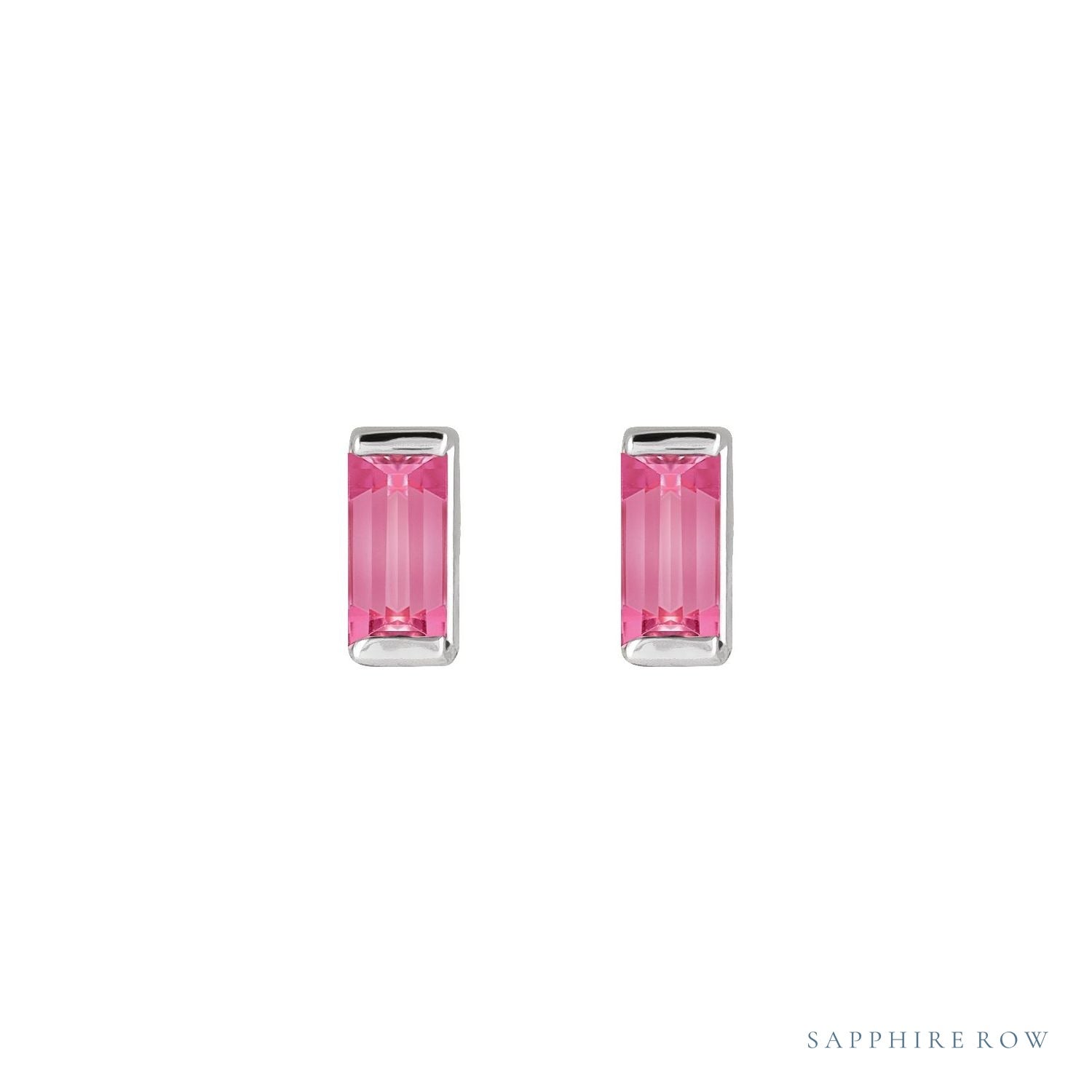 Sapphire Row Natural Gemstone Channel-Set Baguette Stud Earrings - Pink Tourmaline, Platinum (view 2)