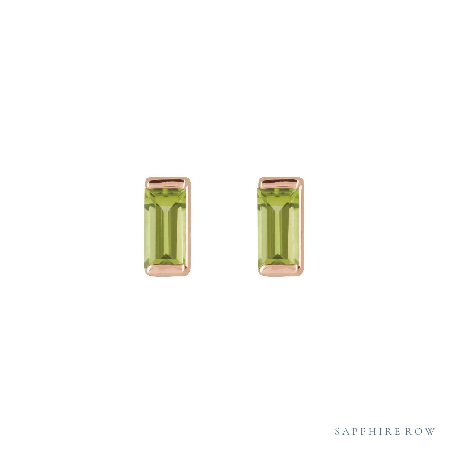 Sapphire Row Natural Gemstone Channel-Set Baguette Stud Earrings - Peridot, 14K Rose Gold (view 2)