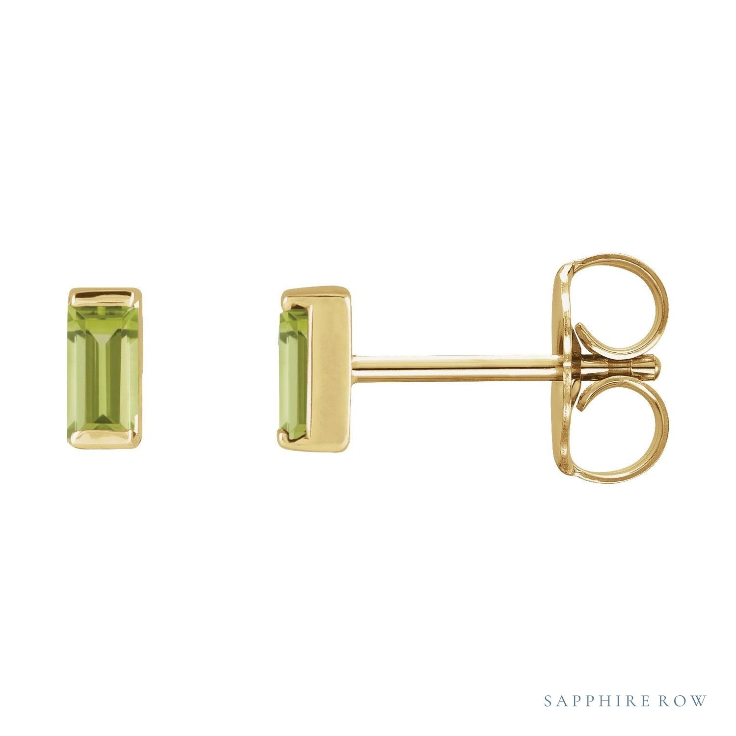 Sapphire Row Natural Gemstone Channel-Set Baguette Stud Earrings - Peridot, 14K Yellow Gold