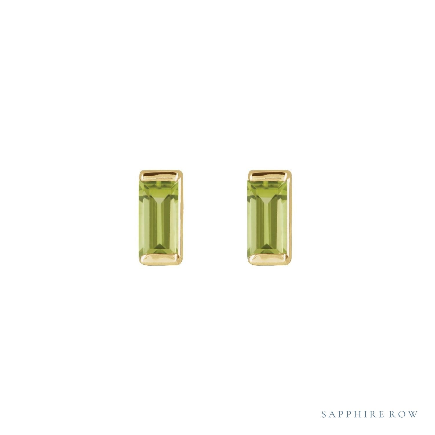 Sapphire Row Natural Gemstone Channel-Set Baguette Stud Earrings - Peridot, 14K Yellow Gold (view 2)