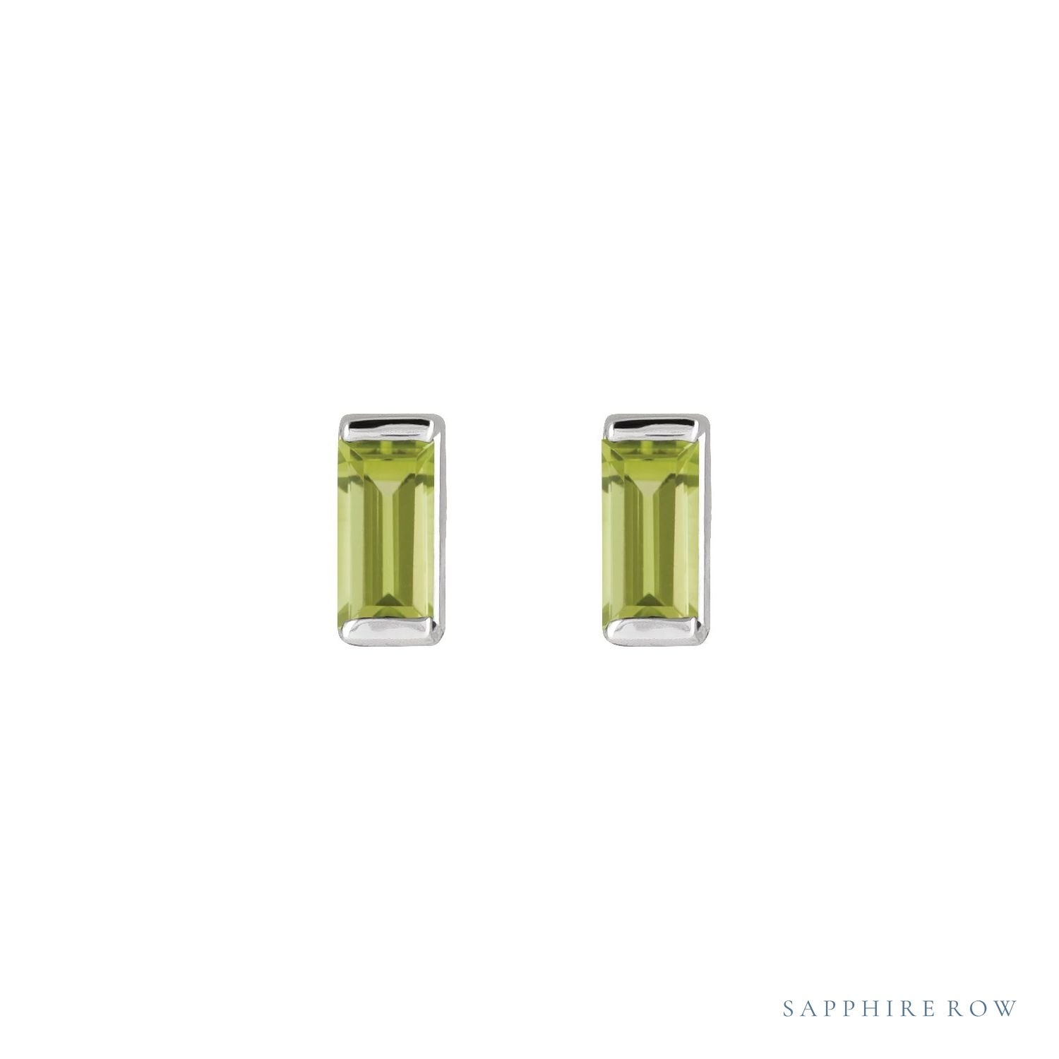 Sapphire Row Natural Gemstone Channel-Set Baguette Stud Earrings - Peridot, 14K White Gold (view 2)