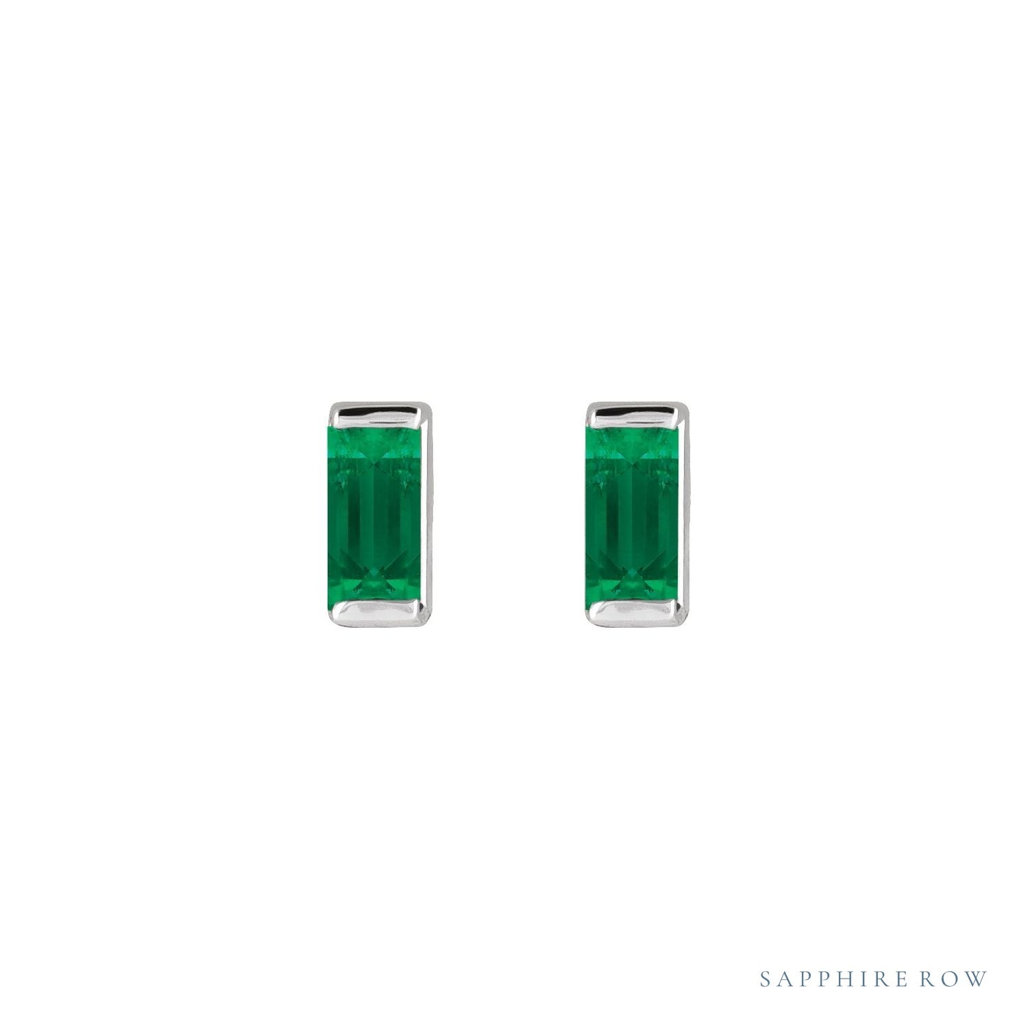Sapphire Row Lab-Grown Gemstone Channel-Set Baguette Stud Earrings - Emerald, Platinum (view 2)